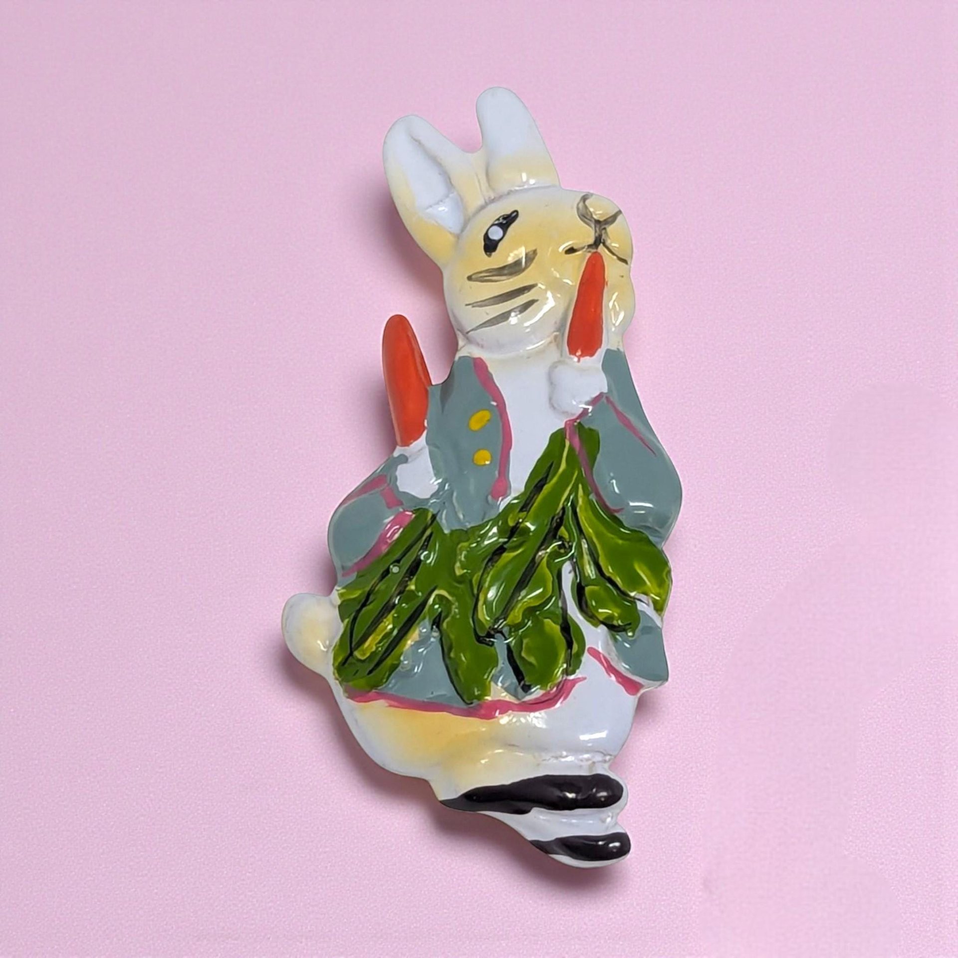 Vintage Enamel Rabbit Brooch: Peter Rabbit Style Figural Pin