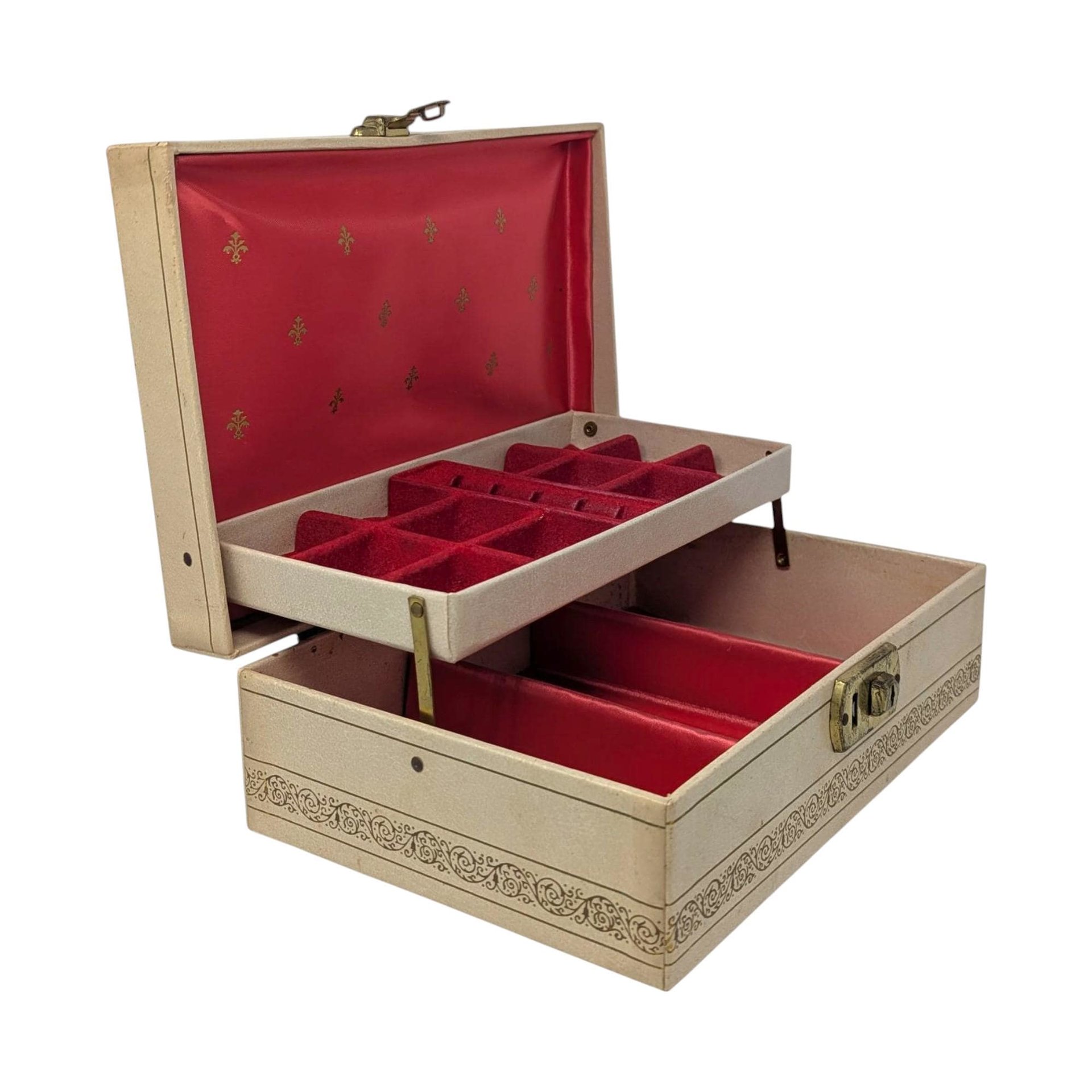 Vintage 1960s Cream Jewelry Box: Cantilever Storage Case with Red Interior