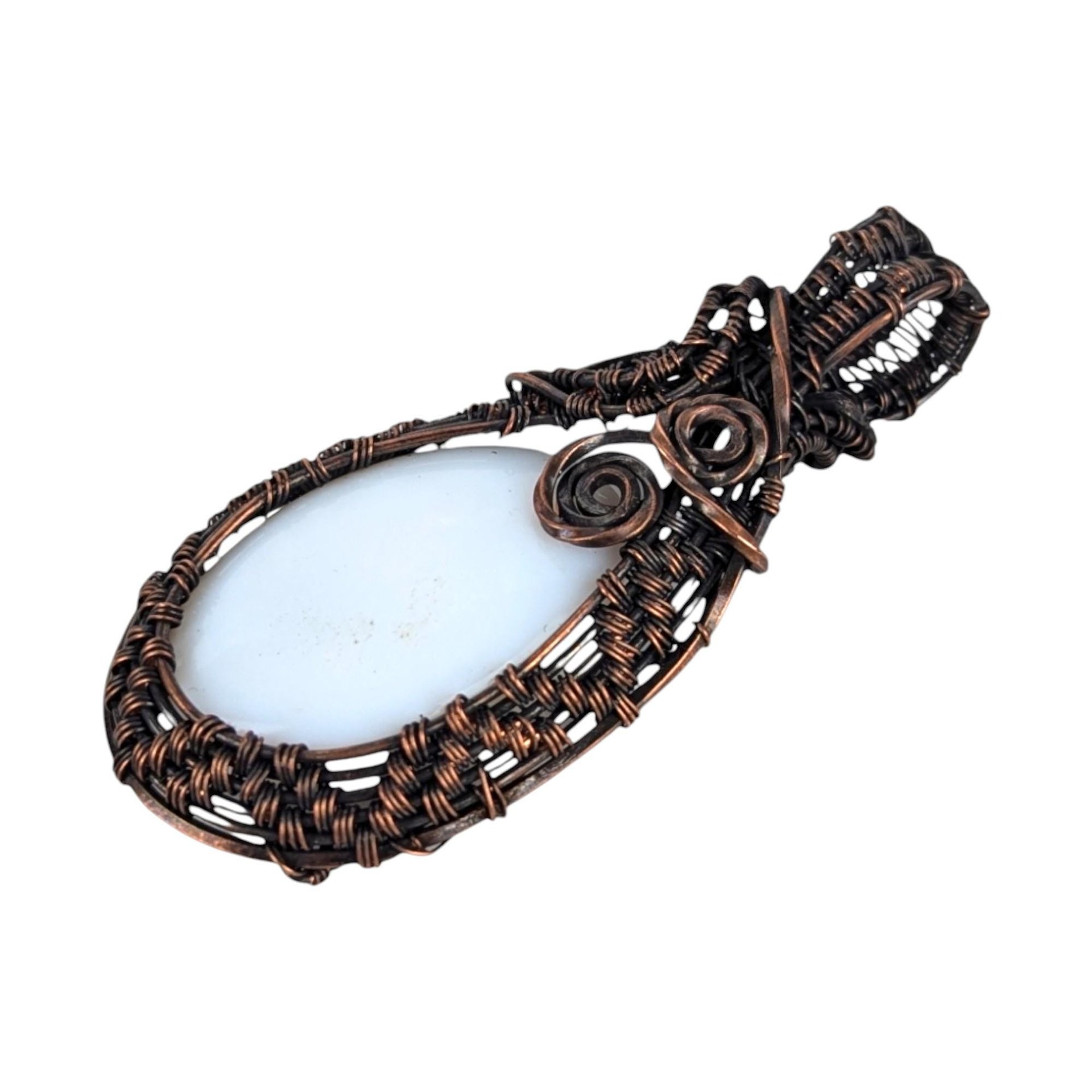 Handmade Copper Chalcedony Pendant: White Wire Wrapped Stone