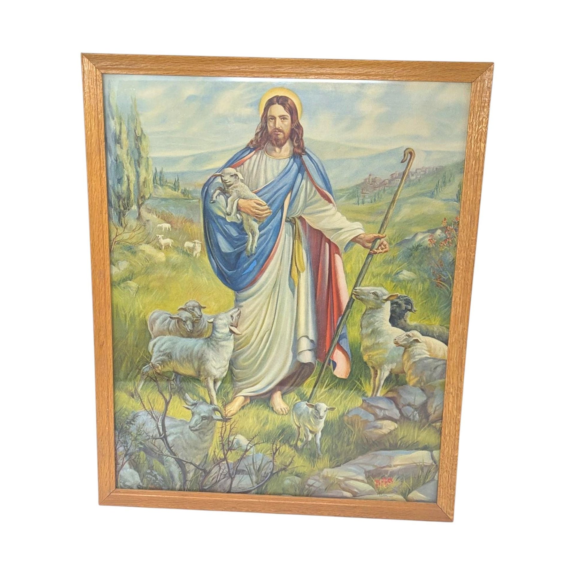 Vintage Good Shepherd Print: Jesus with Lamb Framed Religious Art