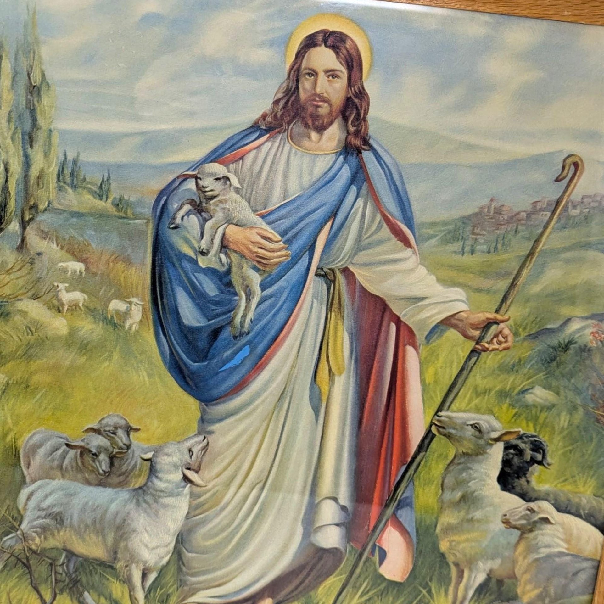 Vintage Good Shepherd Print: Jesus with Lamb Framed Religious Art