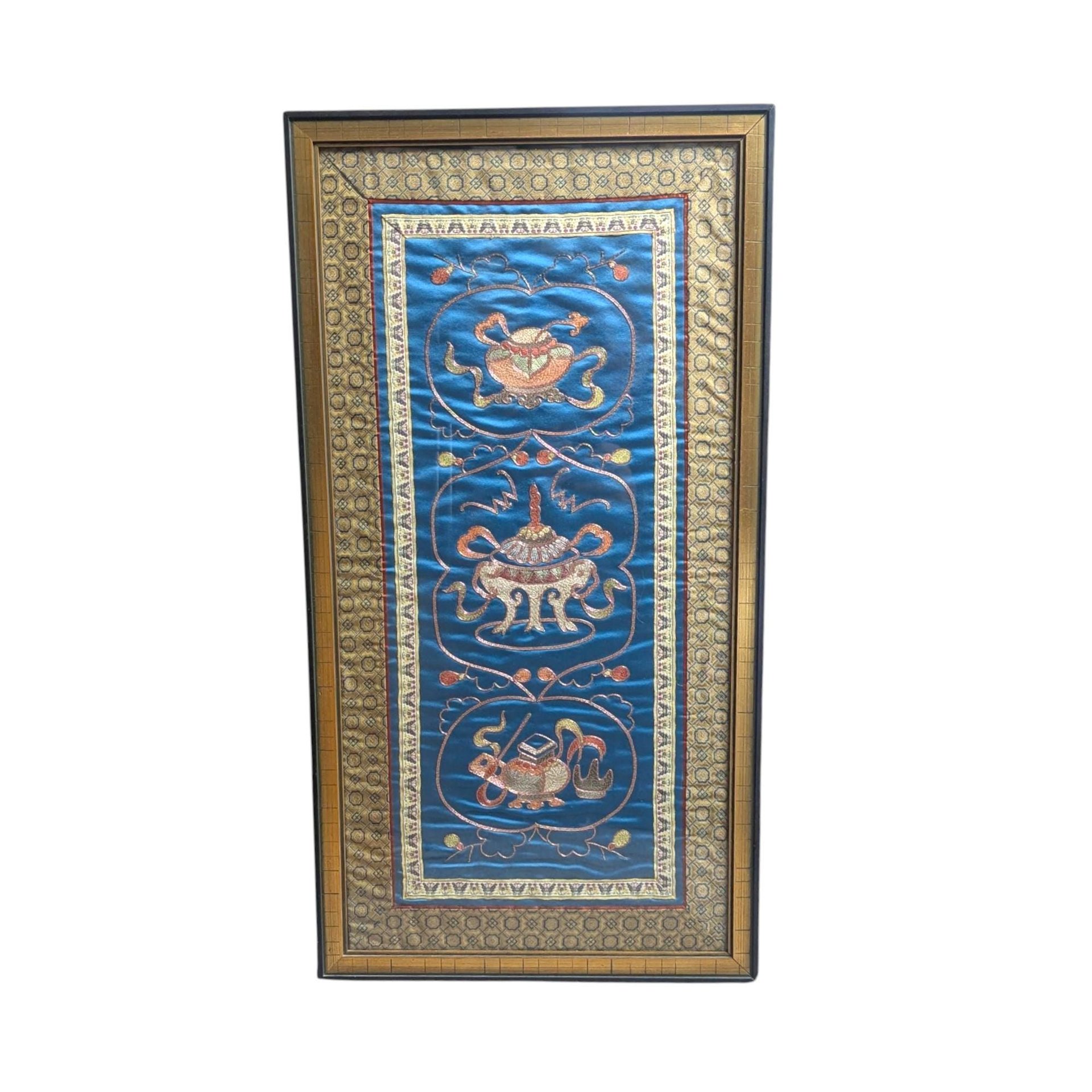 Vintage Chinese Silk Embroidery: Framed Auspicious Symbols