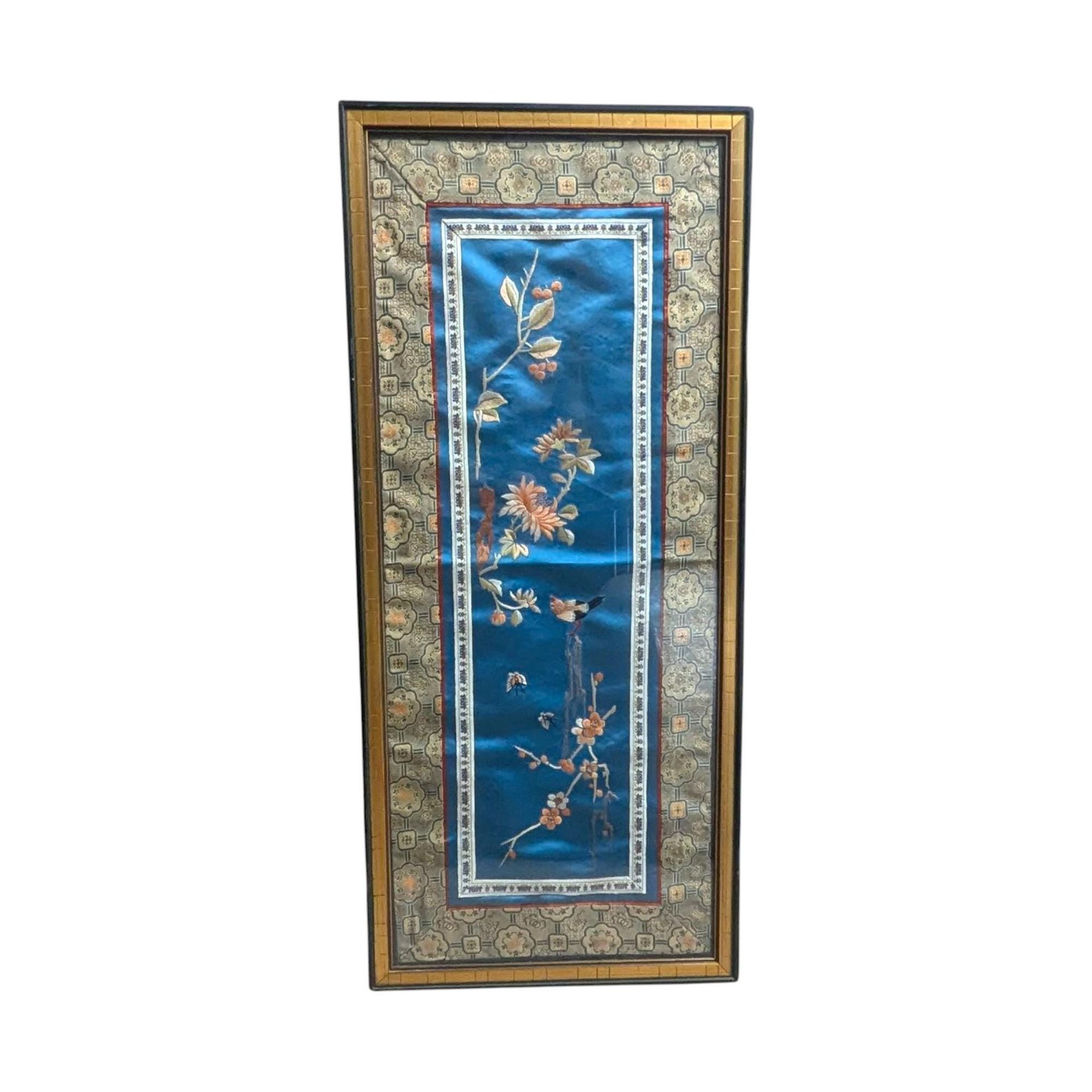 Vintage Framed Silk Embroidery: Asian Floral and Bird Art Panel