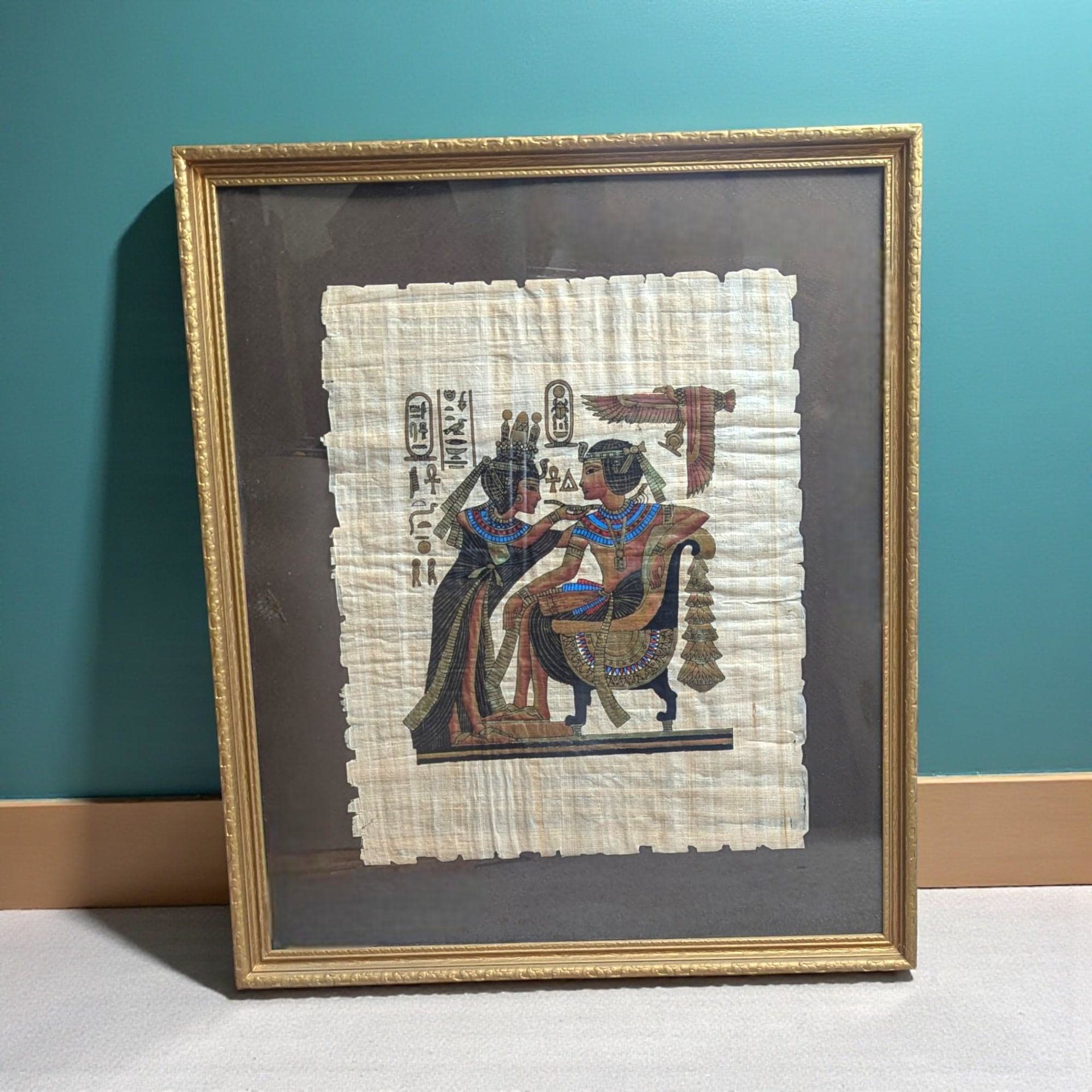 Vintage Egyptian Papyrus Painting: King Tut and Ankhesenamun