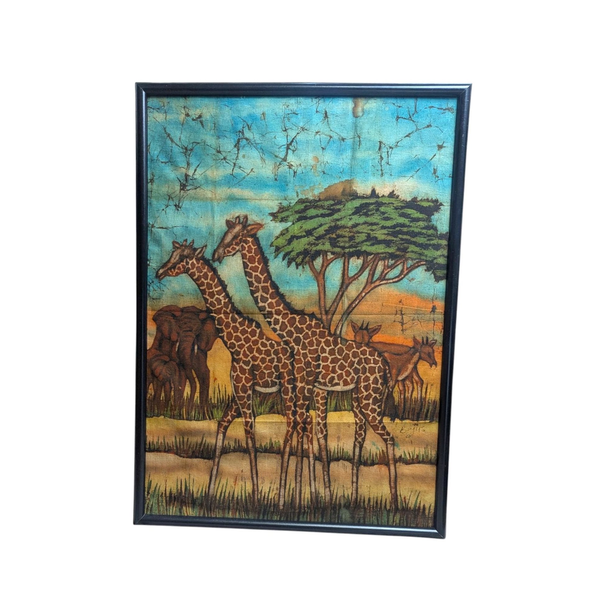 Vintage African Batik Painting: Safari Giraffe Cloth Wall Art