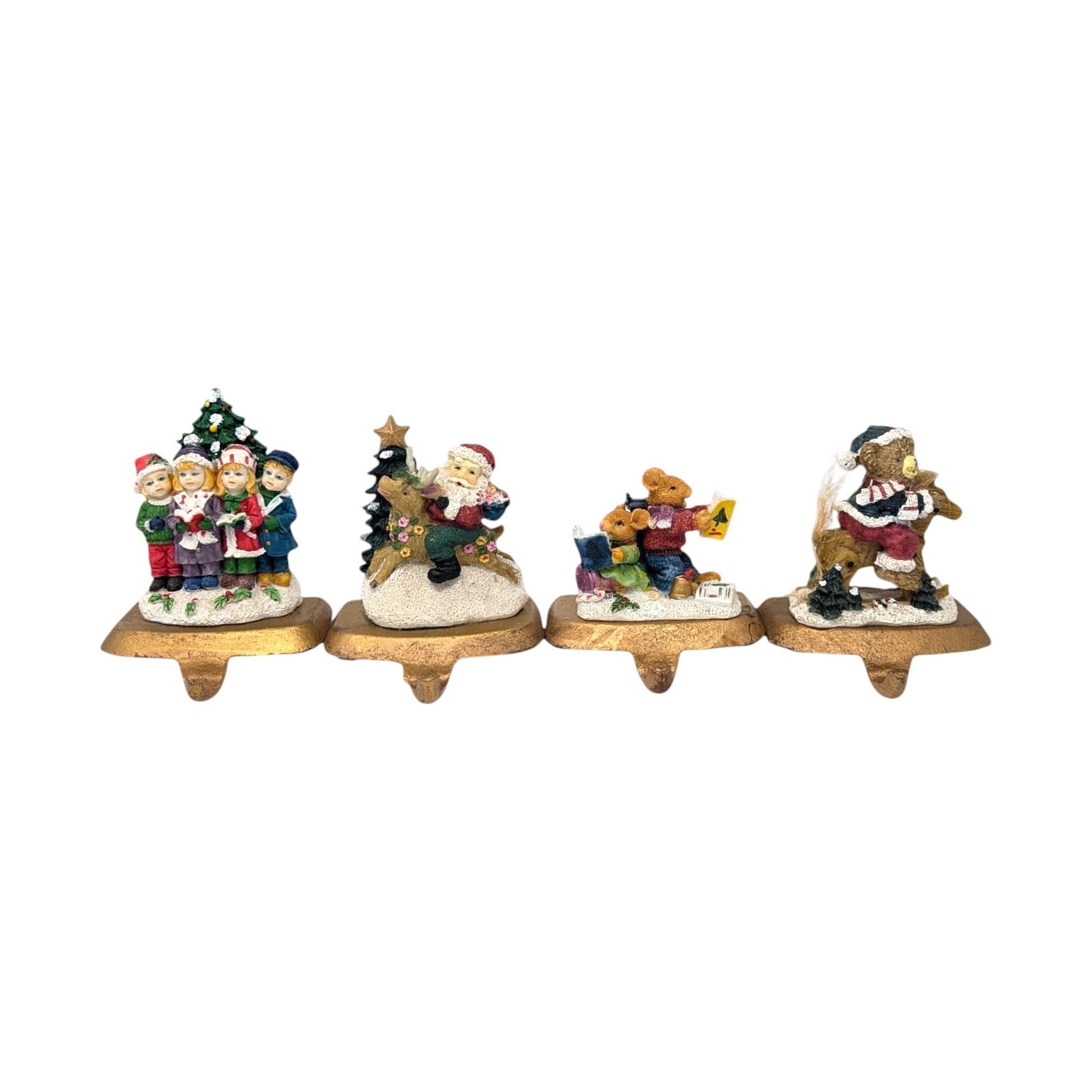 Vintage K's Collection Stocking Holder Set: 4pc Santa Caroler Bear Mouse Figures