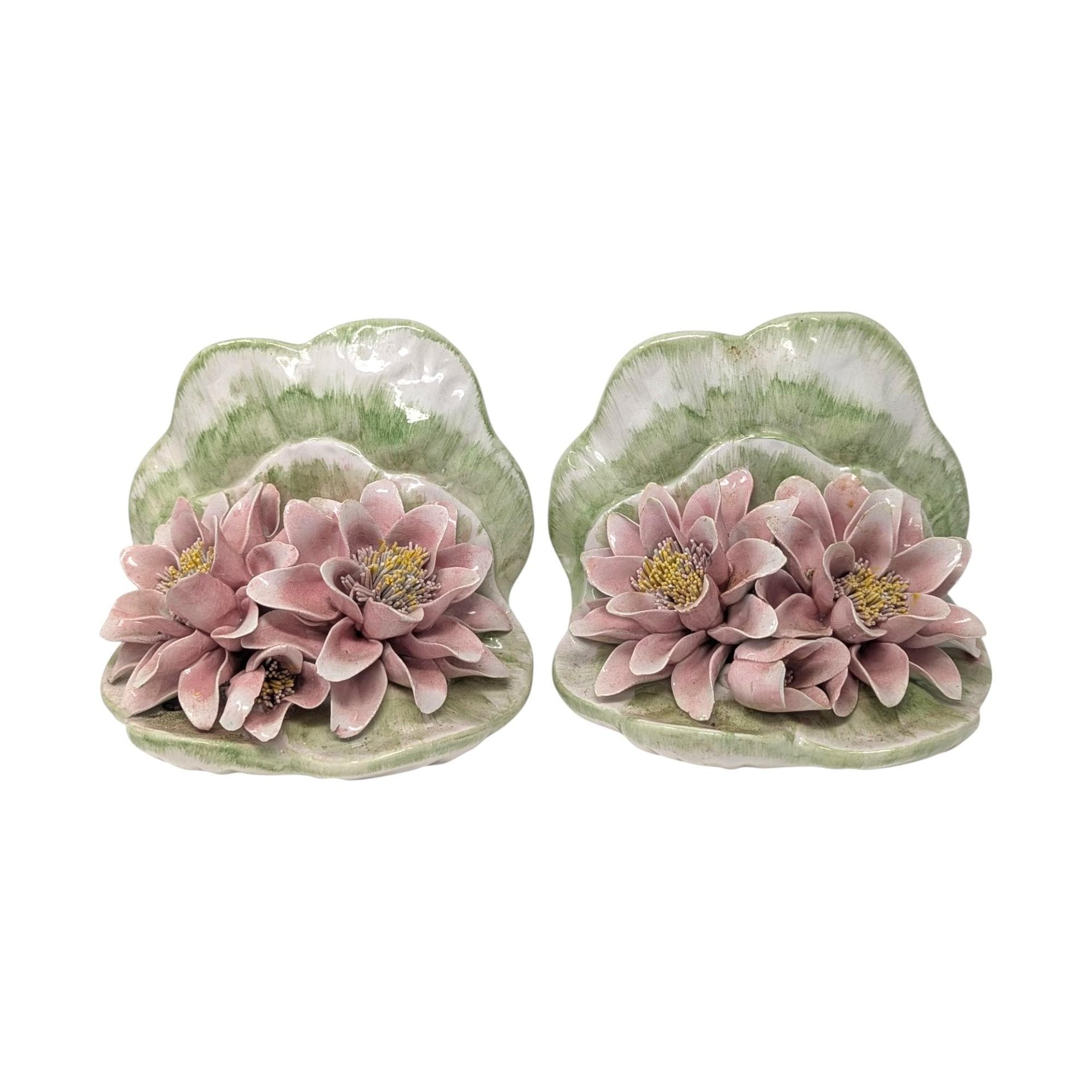 Vintage 1980s Italian Porcelain Bookends: OGG Italy Water Lily Pair