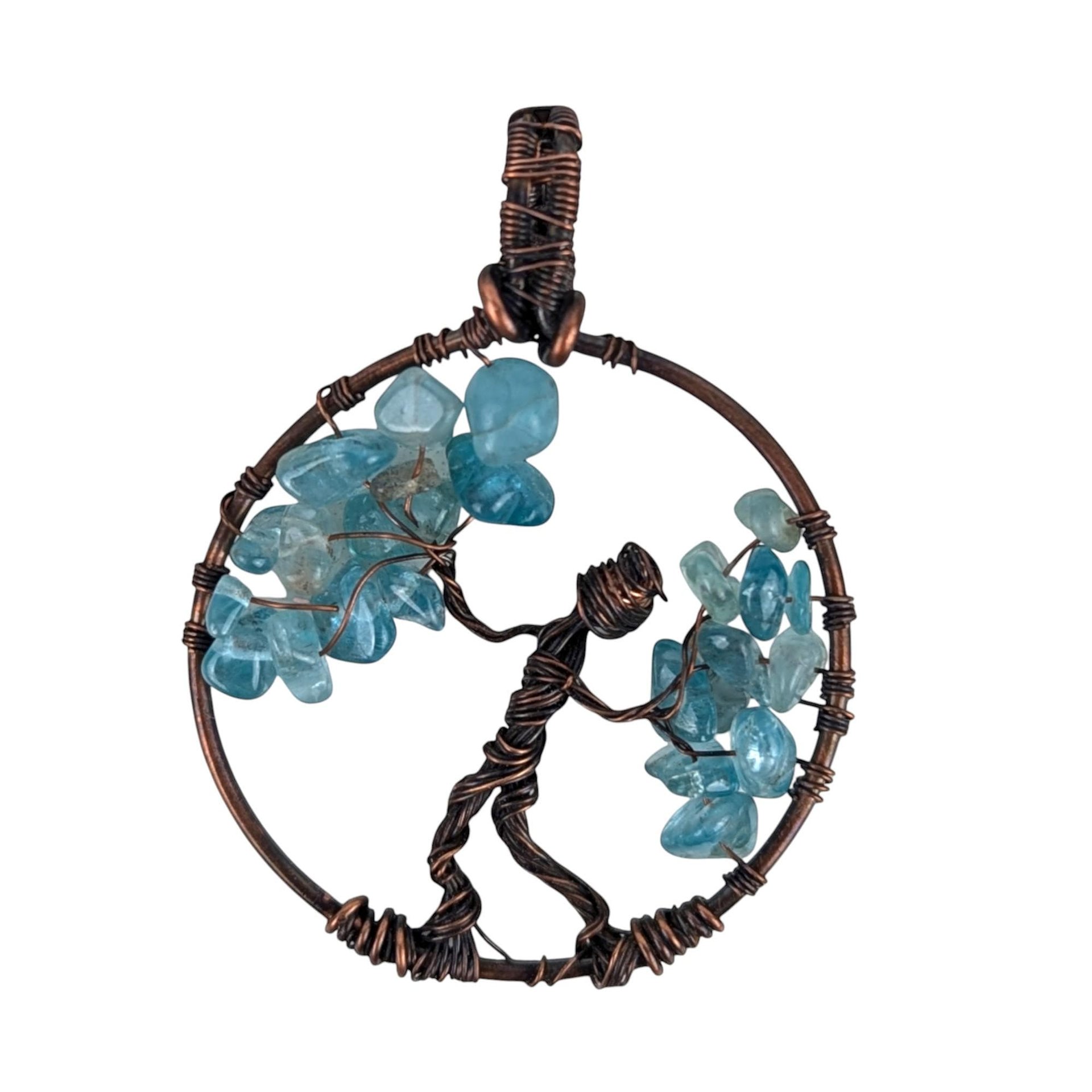 Copper Wire Figure Pendant: Handmade Artisan Jewelry with Blue Glass Chips