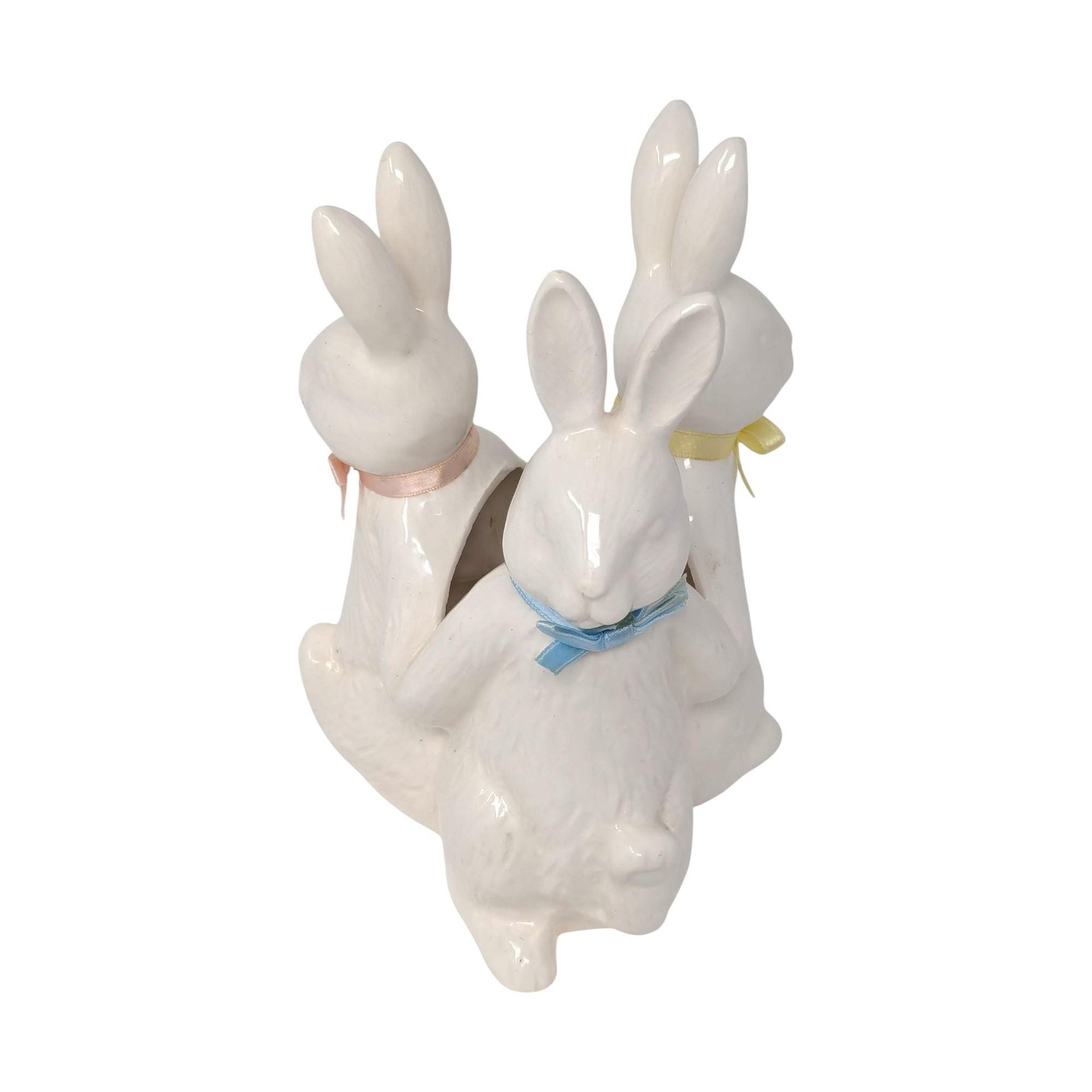 Vintage Ceramic Rabbit Vase: Trio of Bunnies with Pastel Bows Centerpiece