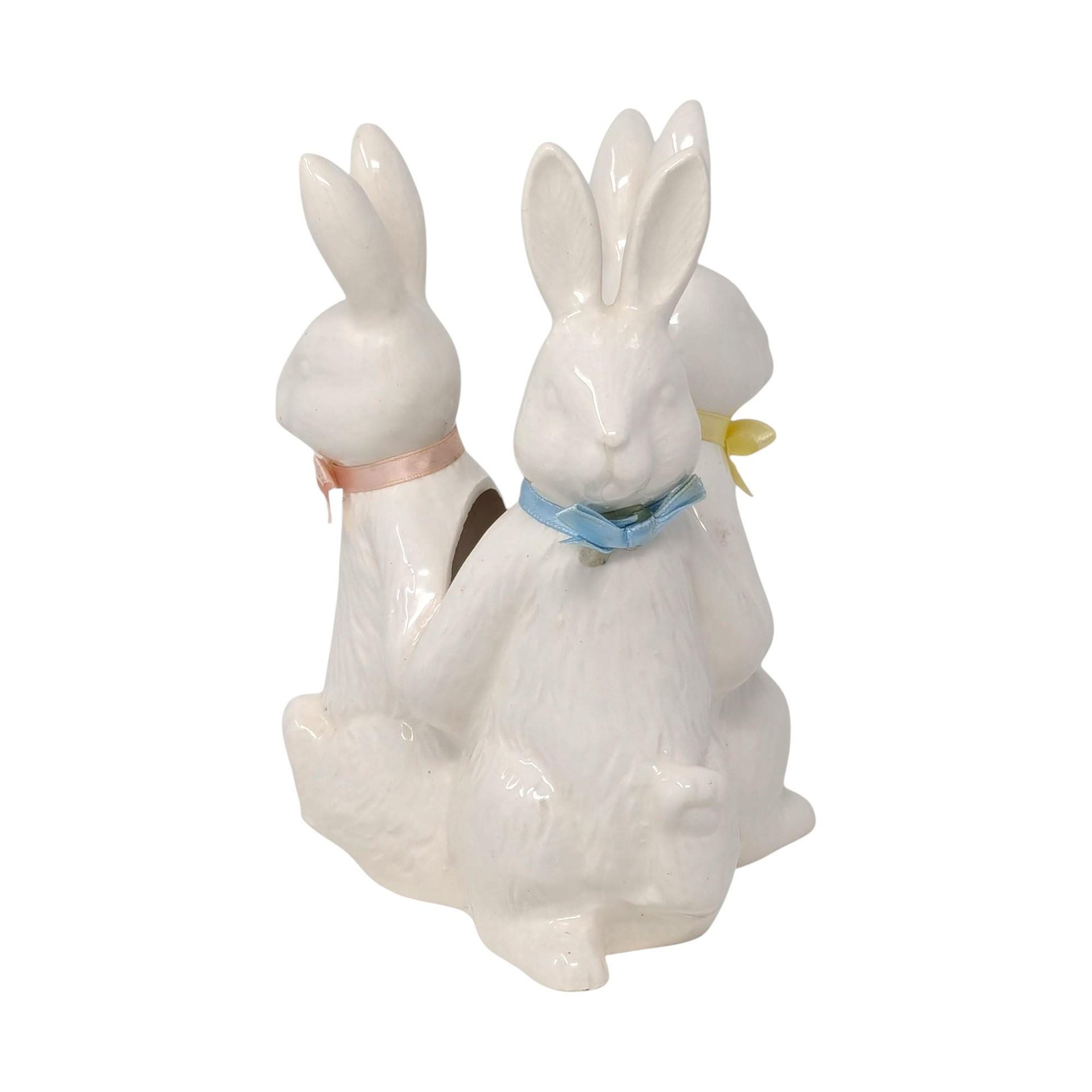 Vintage Ceramic Rabbit Vase: Trio of Bunnies with Pastel Bows Centerpiece
