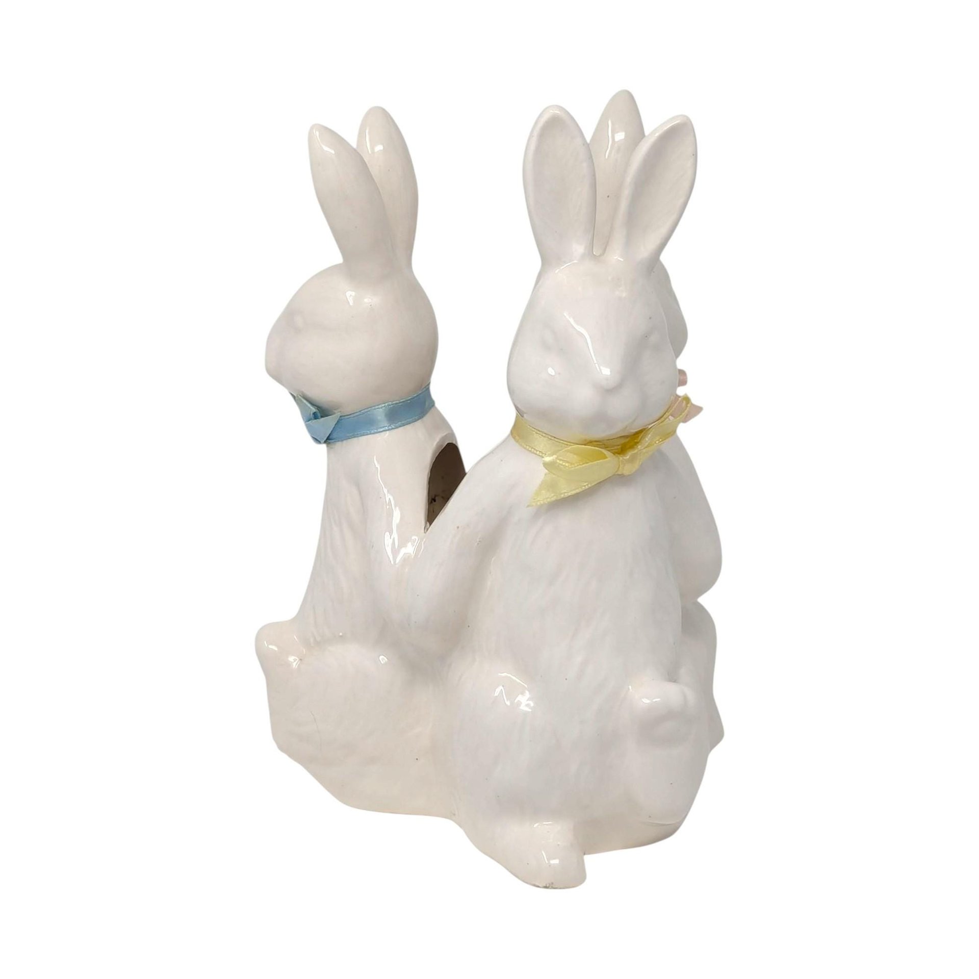 Vintage Ceramic Rabbit Vase: Trio of Bunnies with Pastel Bows Centerpiece