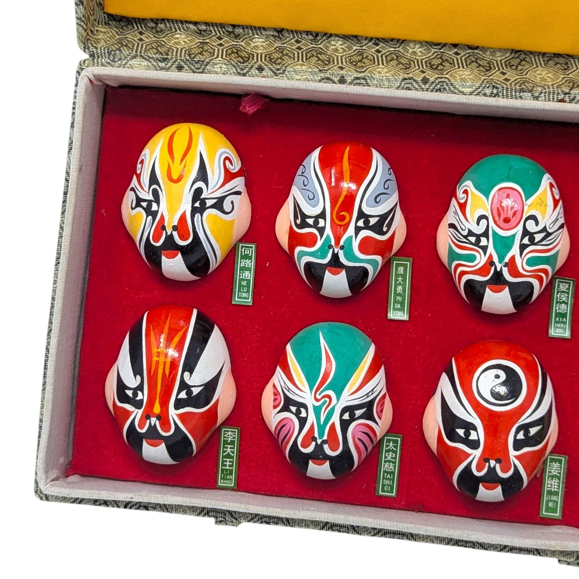 Vintage Beijing Opera Masks Set: 8 Miniature Clay Facial Display with Box