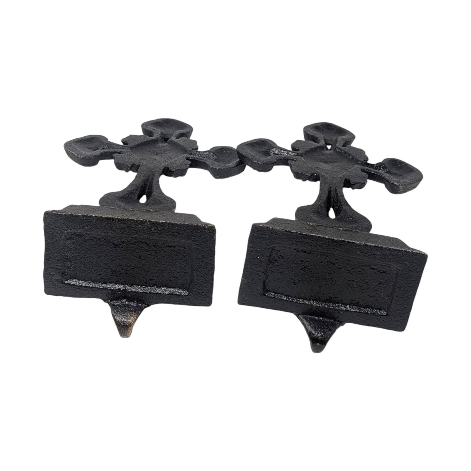 Vintage Cast Iron Cross Stocking Holders: Pair of Ornate Gothic Christmas Mantel Hangers