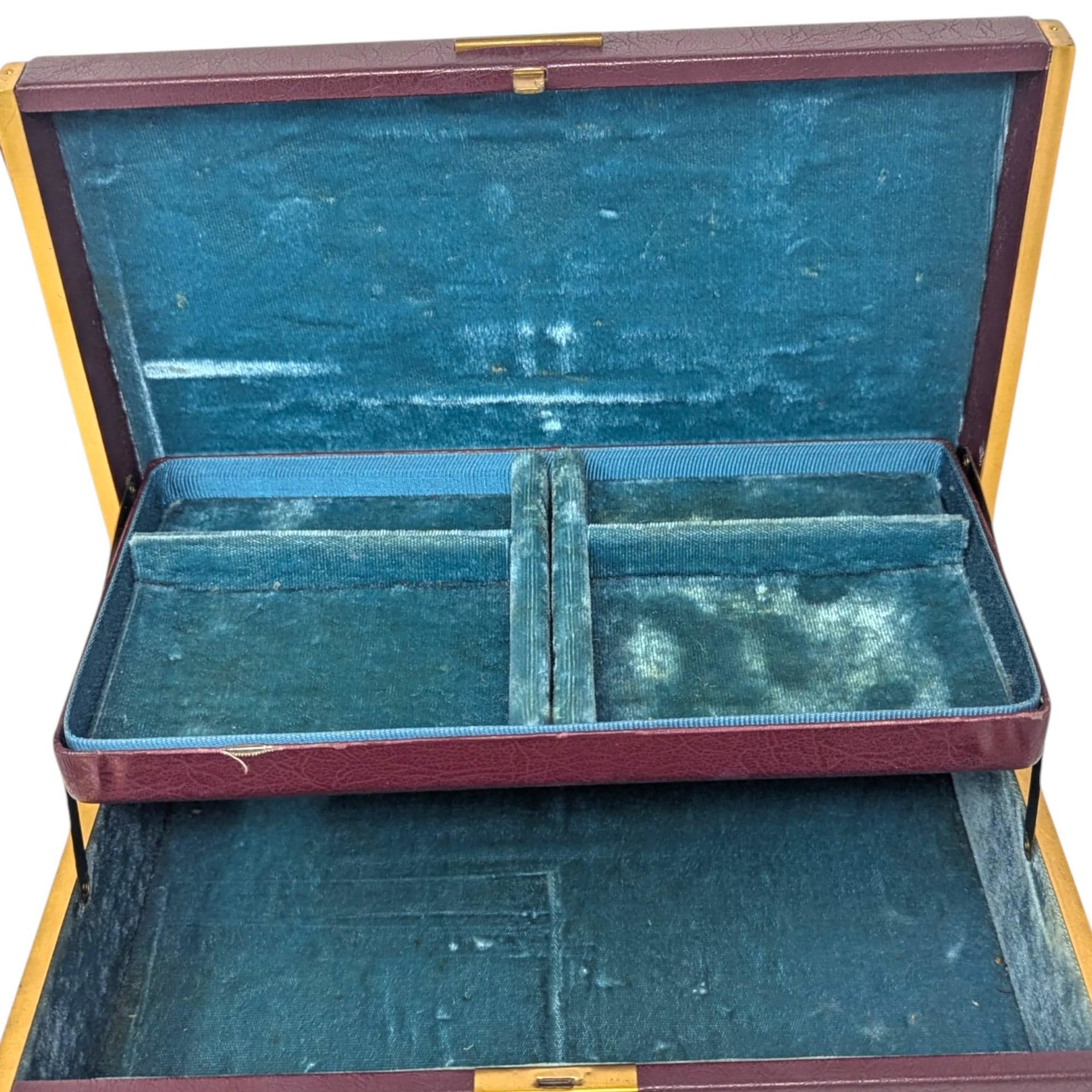 Vintage Maroon Jewelry Box: Tiered Tray with Blue Velvet