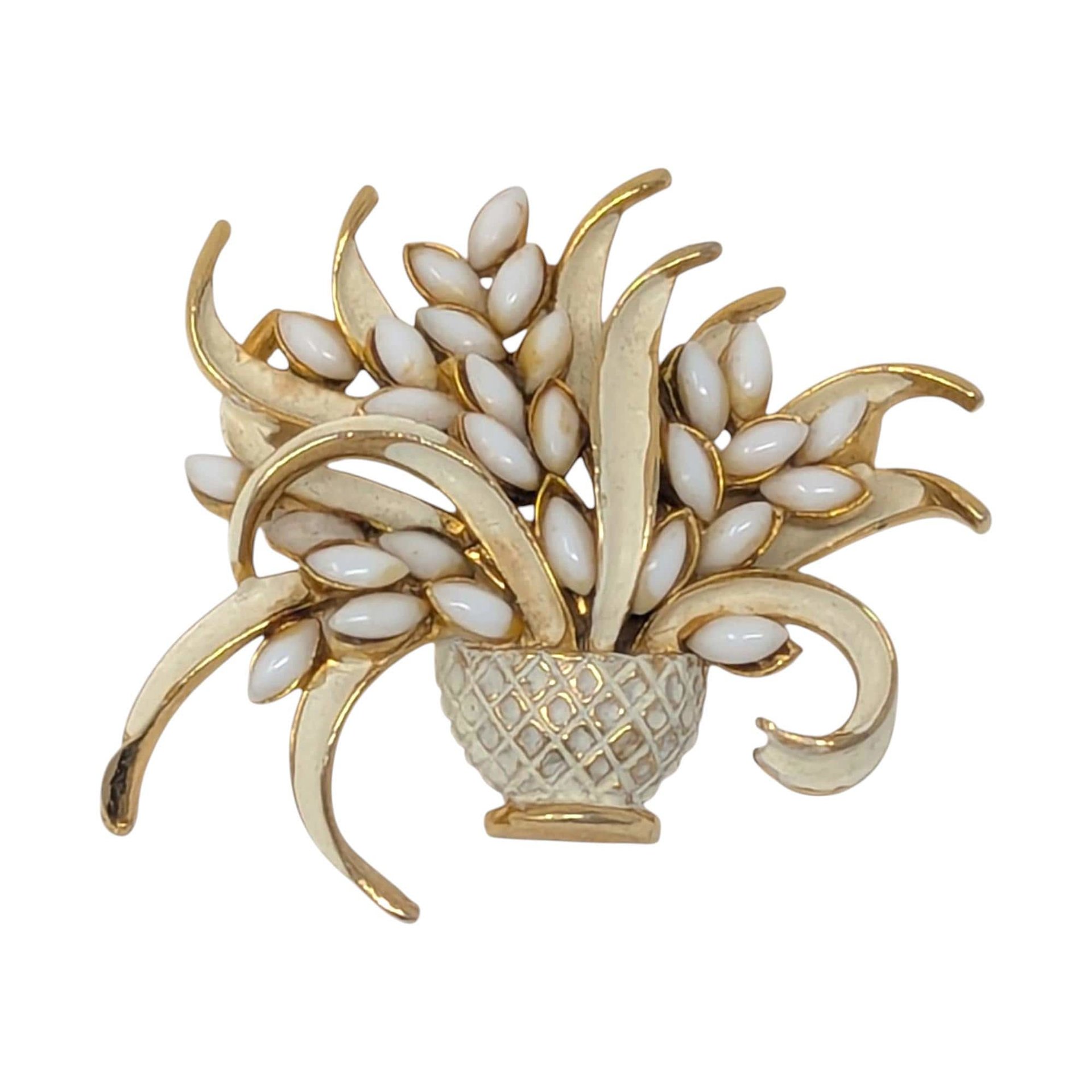 Vintage ART Flower Basket Brooch: White Enamel Gold Tone Pin