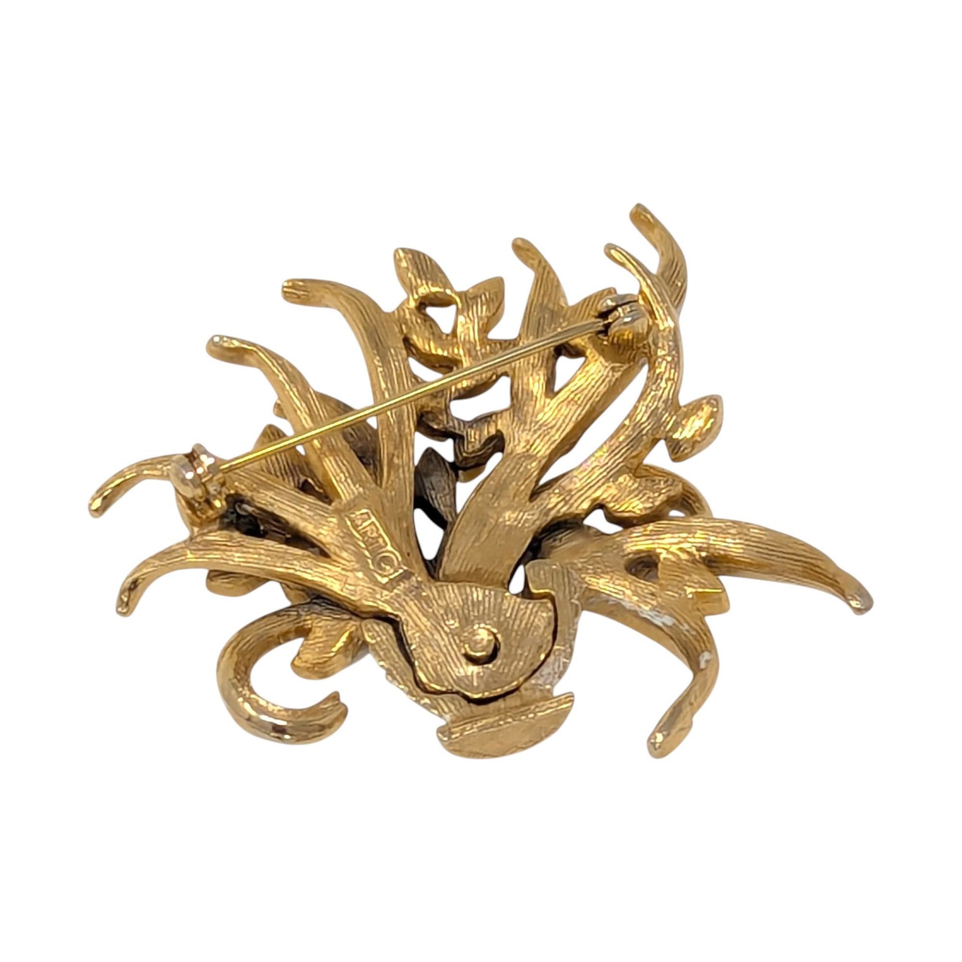 Vintage ART Flower Basket Brooch: White Enamel Gold Tone Pin