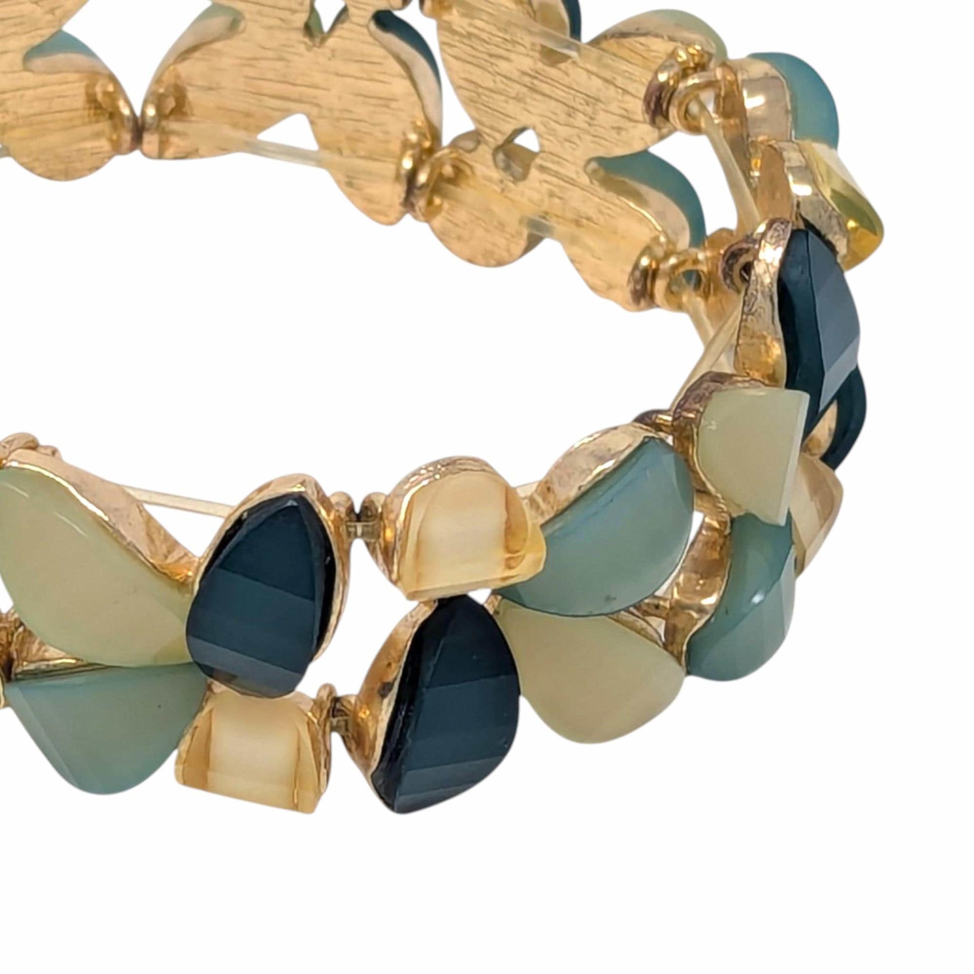 Vintage Multi Green Panel Bracelet: Gold Tone Stretch Jewelry