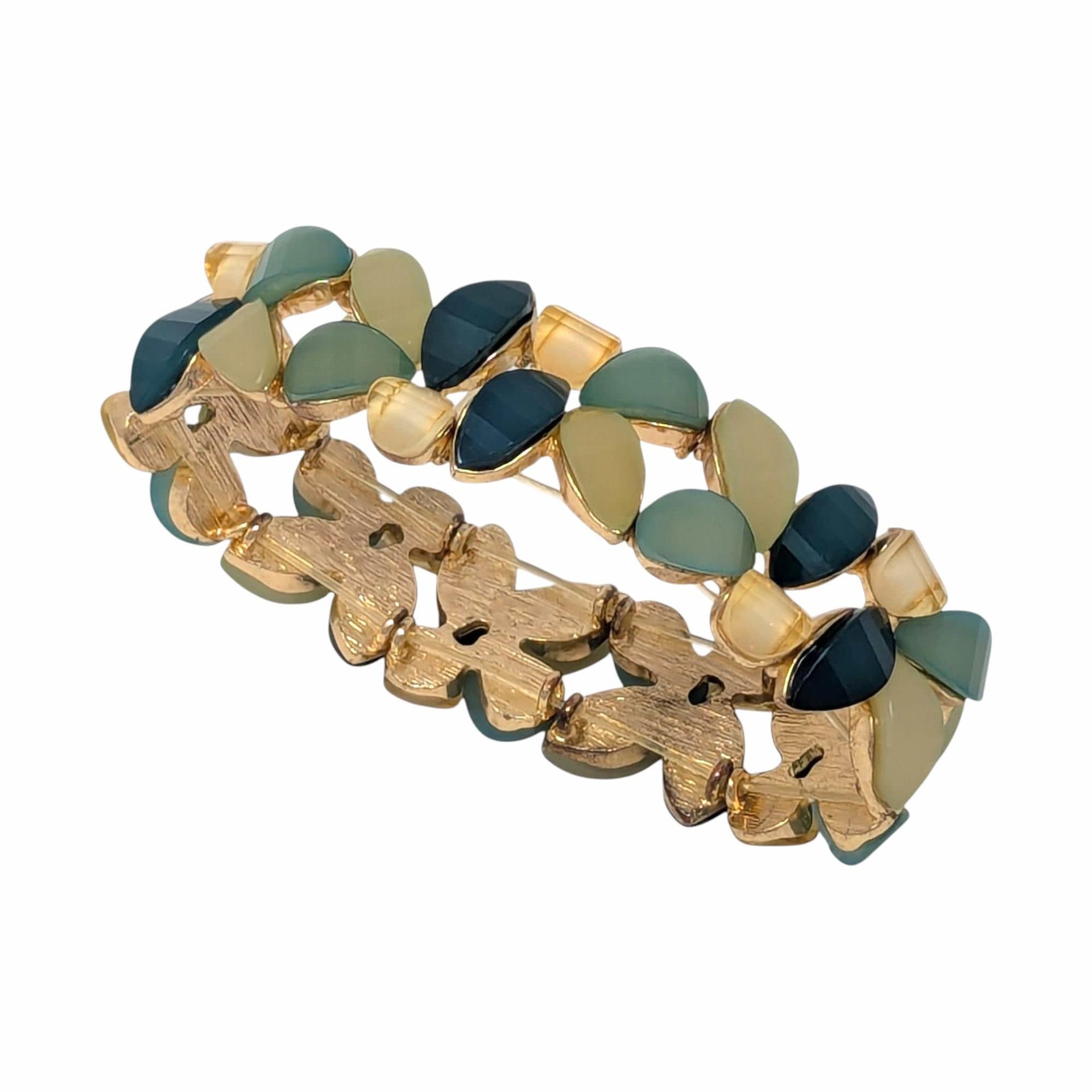 Vintage Multi Green Panel Bracelet: Gold Tone Stretch Jewelry