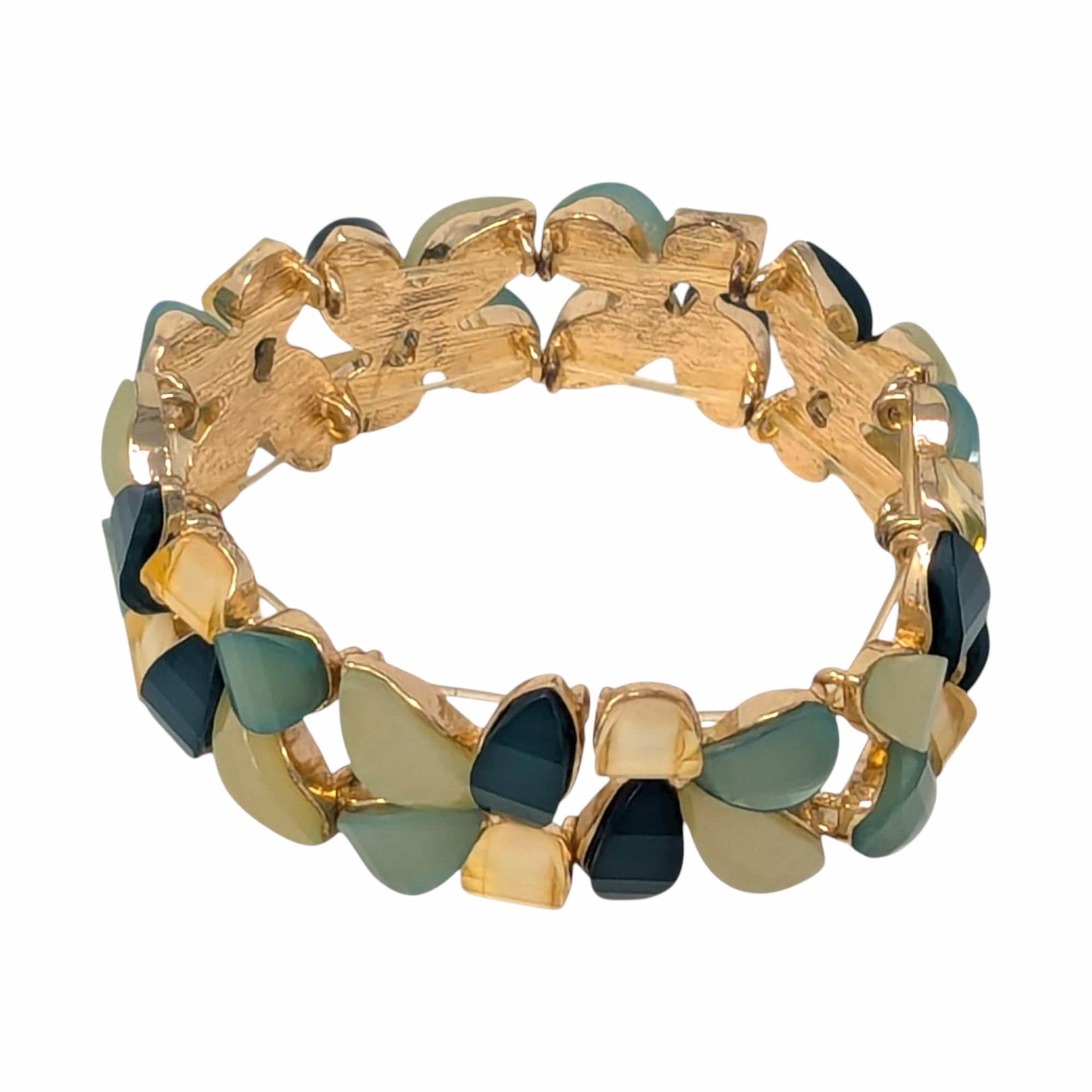 Vintage Multi Green Panel Bracelet: Gold Tone Stretch Jewelry