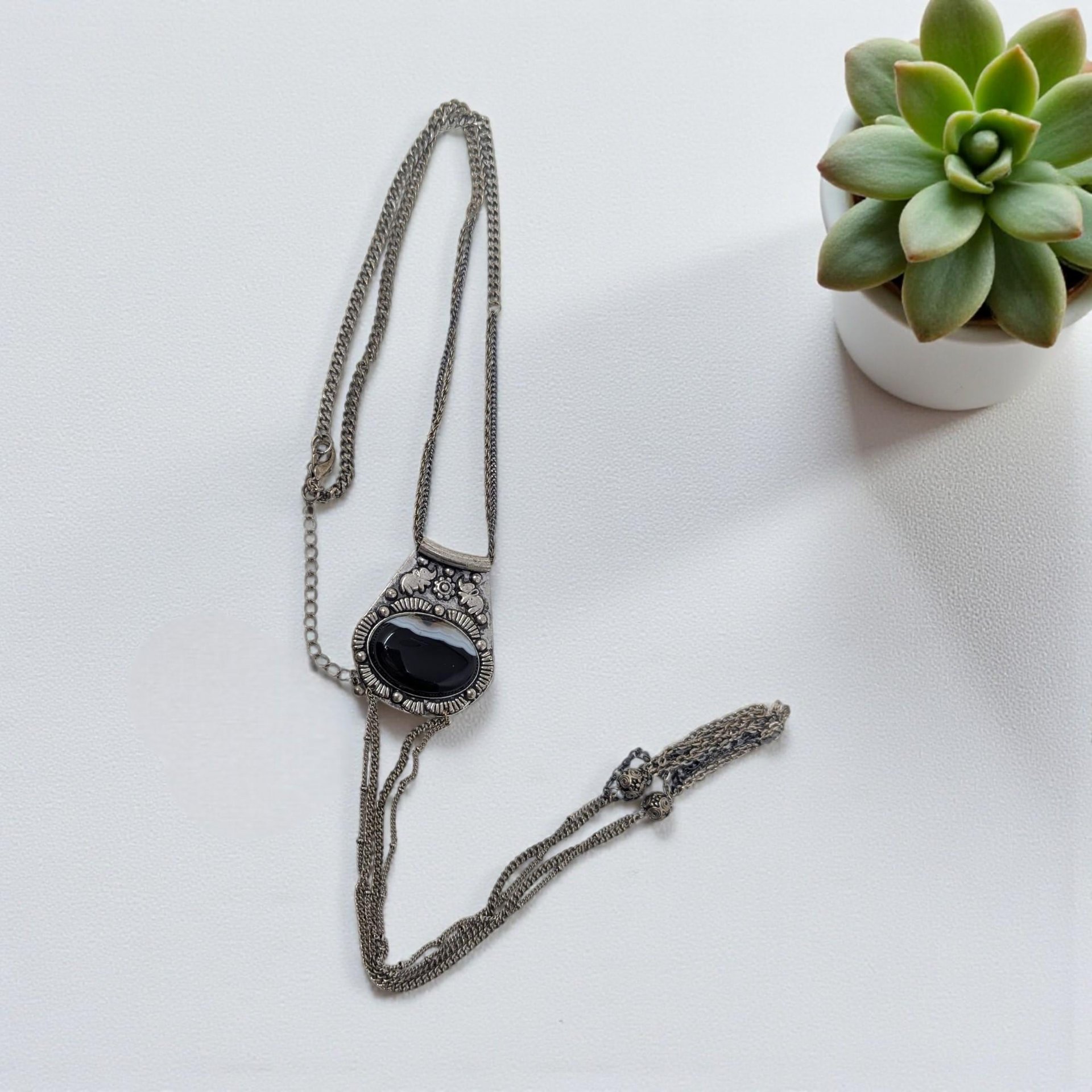 Vintage Gunmetal Tassel Necklace: Black Stone Art Pendant