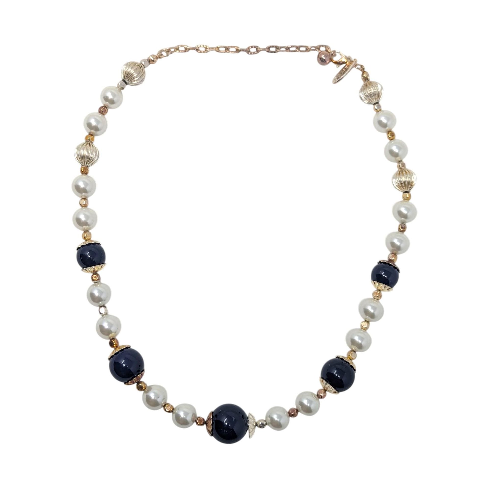 Vintage George Beaded Necklace: Navy Blue Glass and Faux Pearl