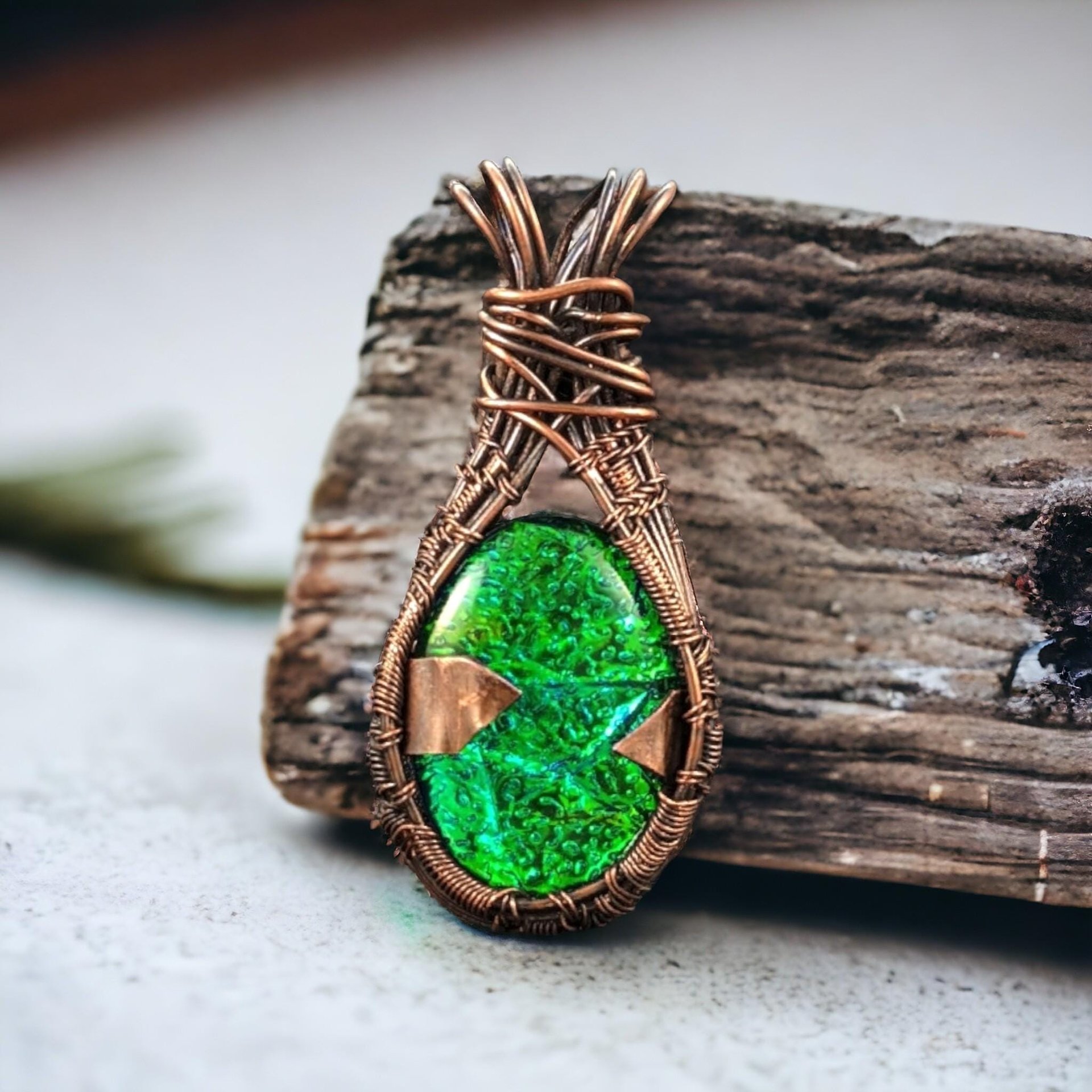 Copper Wire Wrapped Green Imitation Opal Pendant: Handmade Artisan Jewelry