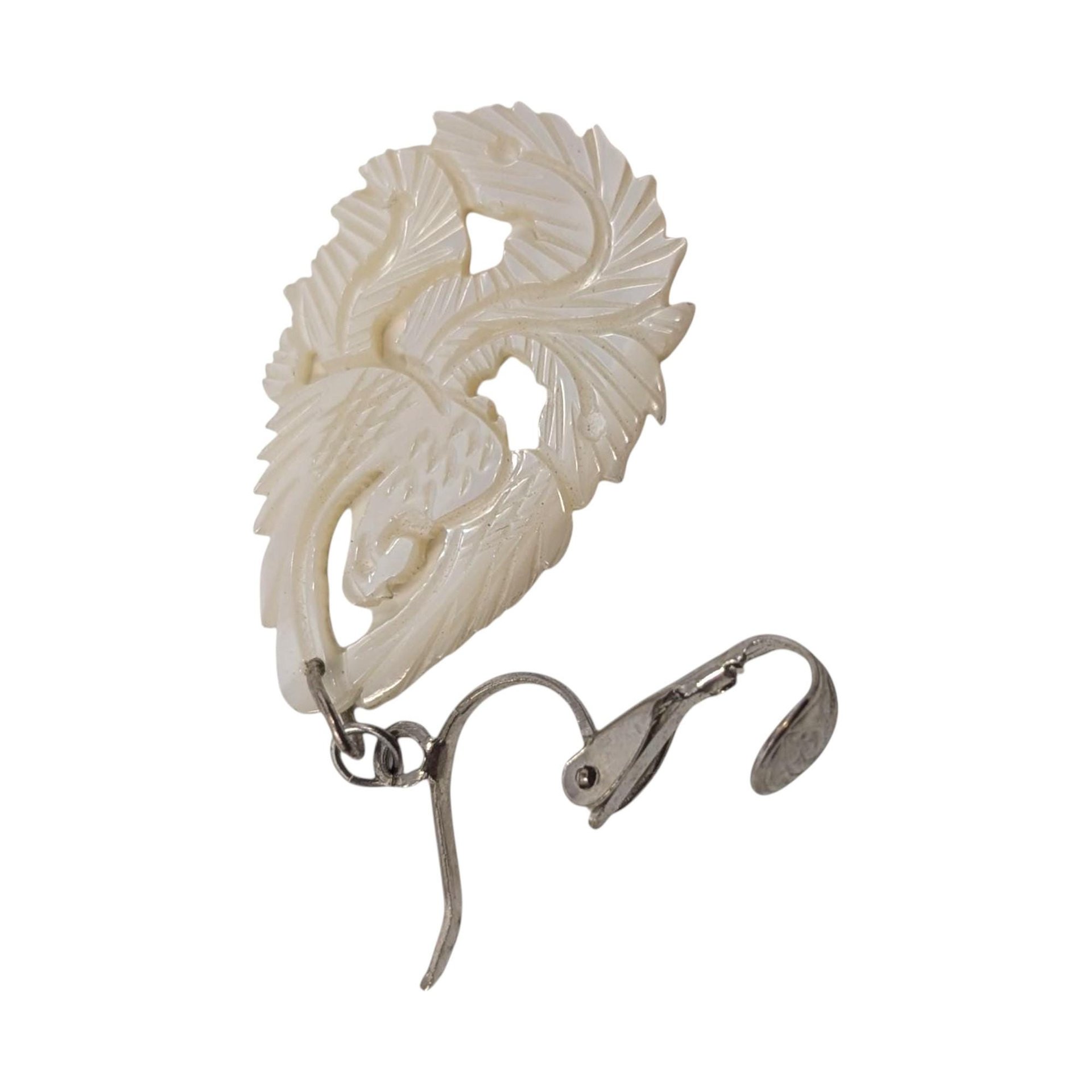 Vintage Carved Shell Bird Earrings: Mother of Pearl Clip On Dangles