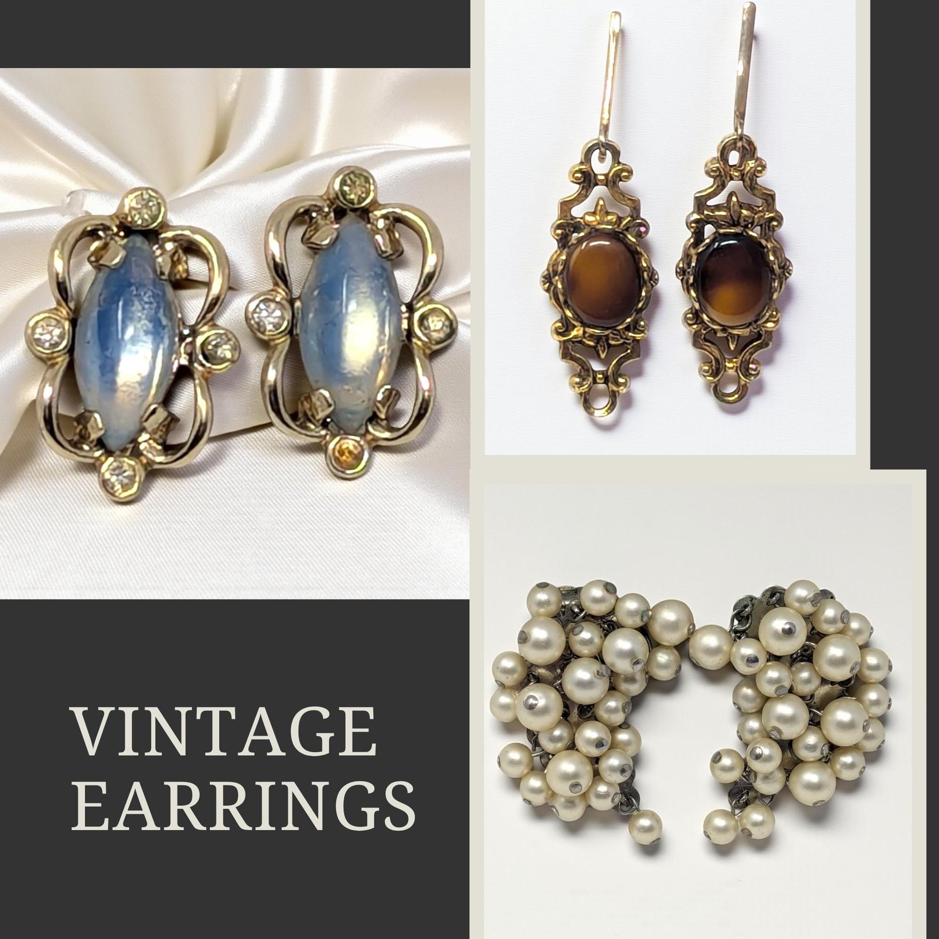 Vintage Earring Collection Your Choice: Faux Pearl, Moonglow, or Tiger Eye
