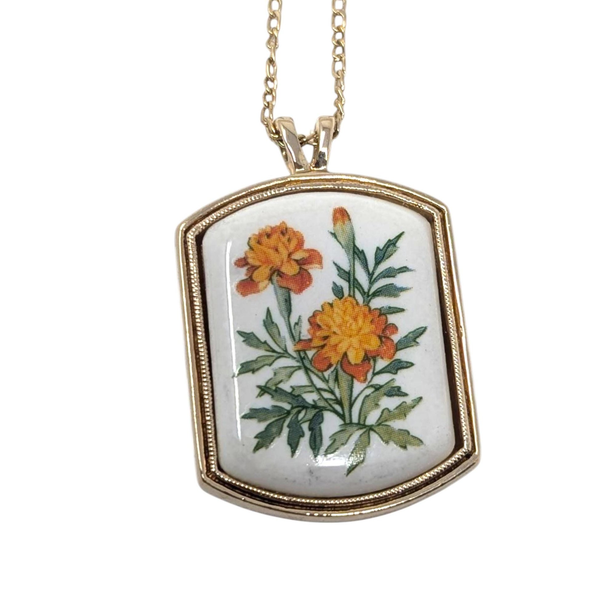 Vintage 1975 Avon Marigold Necklace: October Birth Flower Pendant