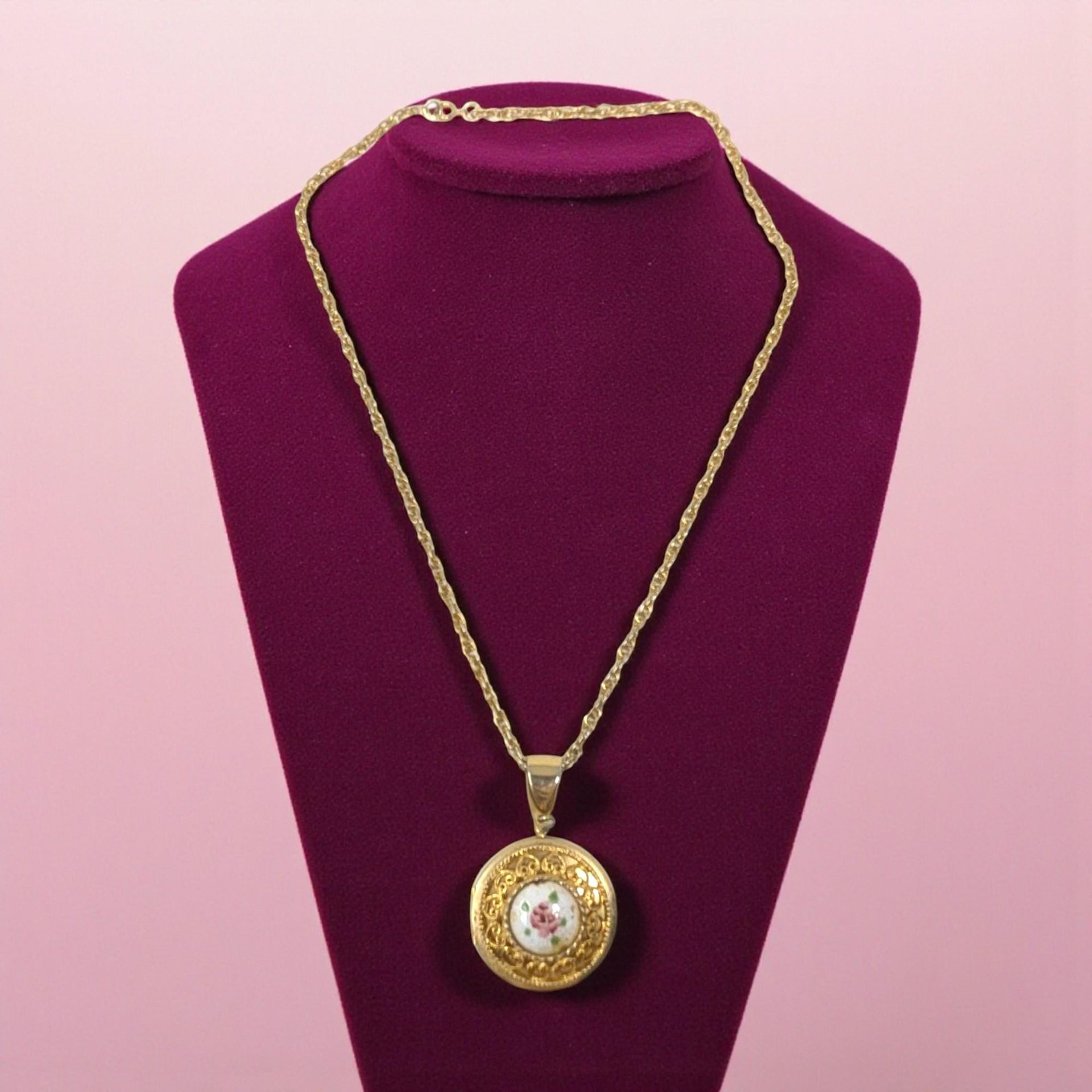 Vintage Pink Rose Locket Necklace: Gold Tone Ornate Floral Jewelry