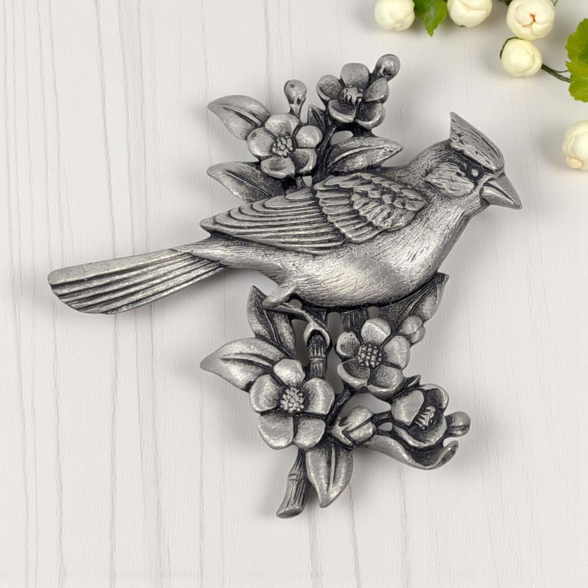 Vintage 1980s JJ Cardinal Brooch: Jonette Jewelry Silver Tone Bird Pin