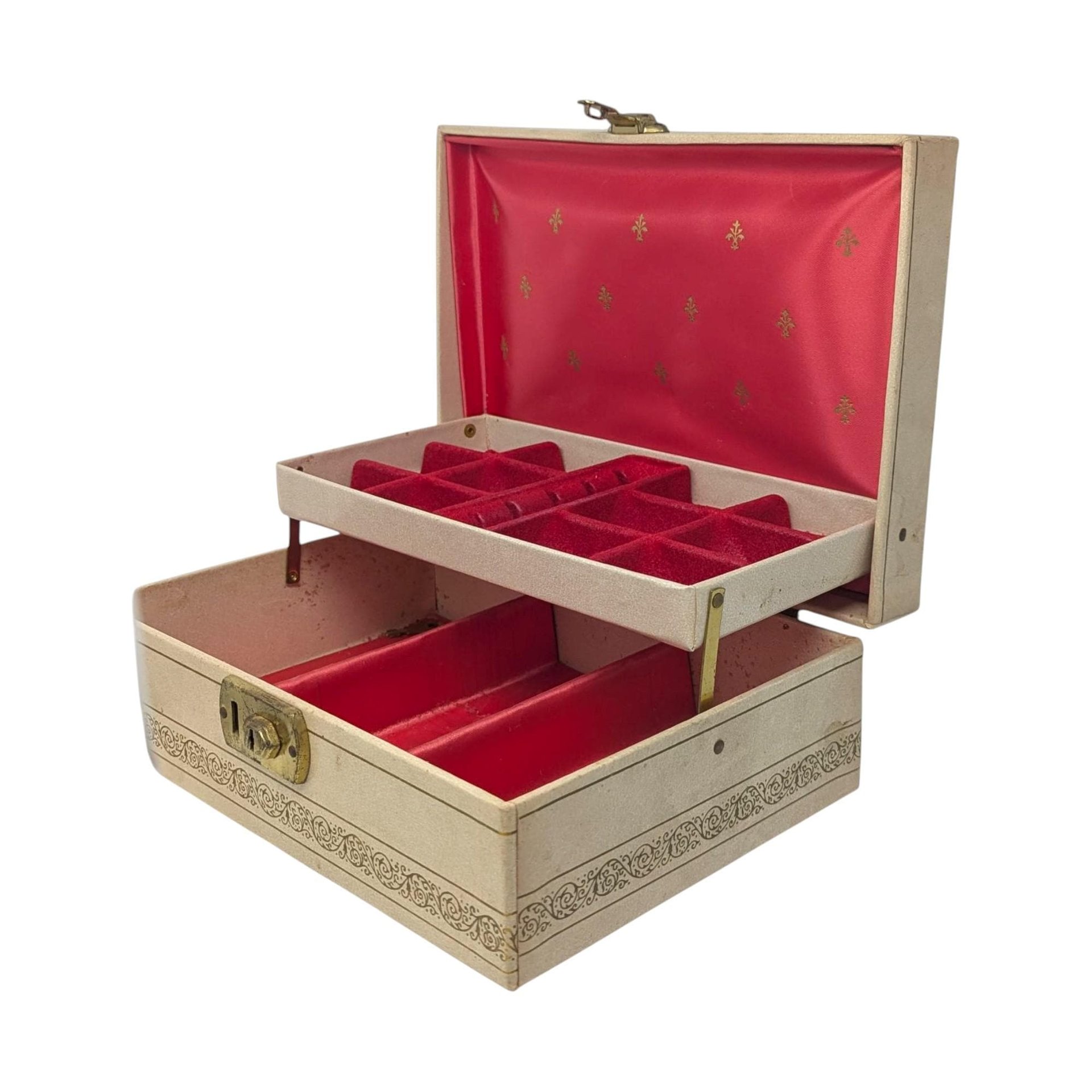Vintage 1960s Cream Jewelry Box: Cantilever Storage Case with Red Interior