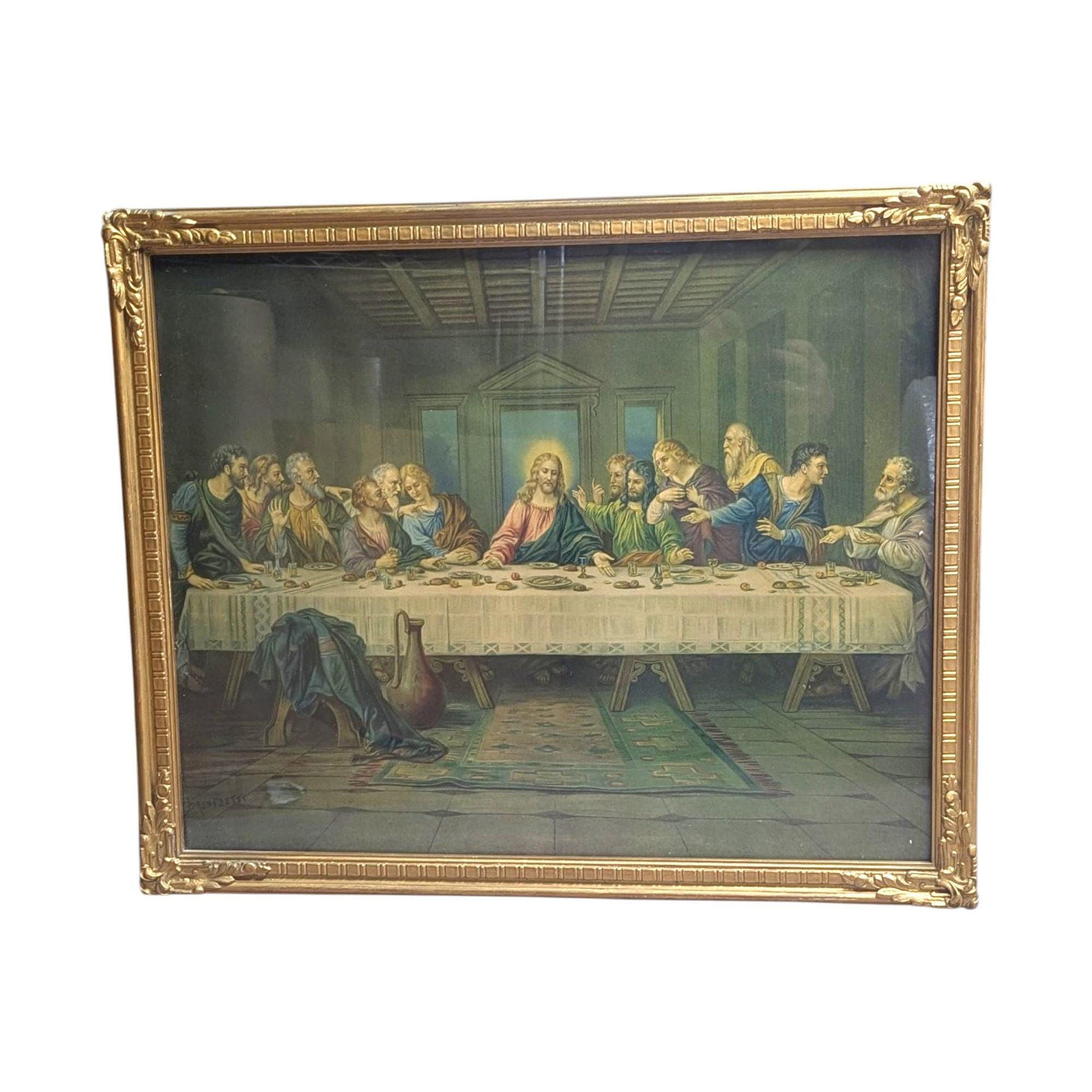 Vintage C. Baronzetti Last Supper Print: Ornate Gold Frame Religious Art