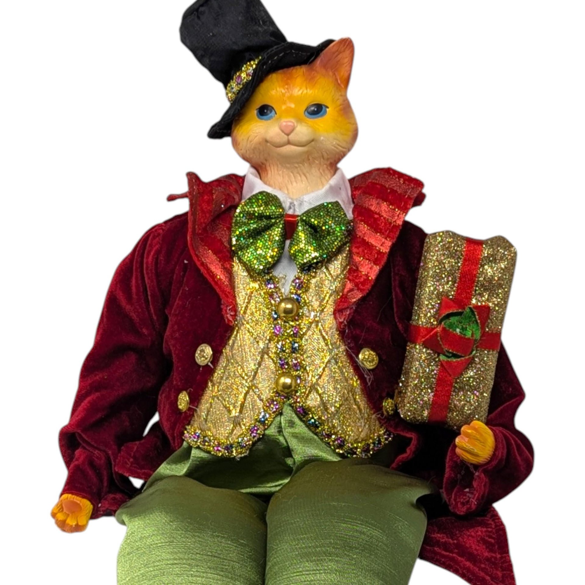 Vintage 1990s Dapper Cat Shelf Sitter: Anthropomorphic Holiday Decor