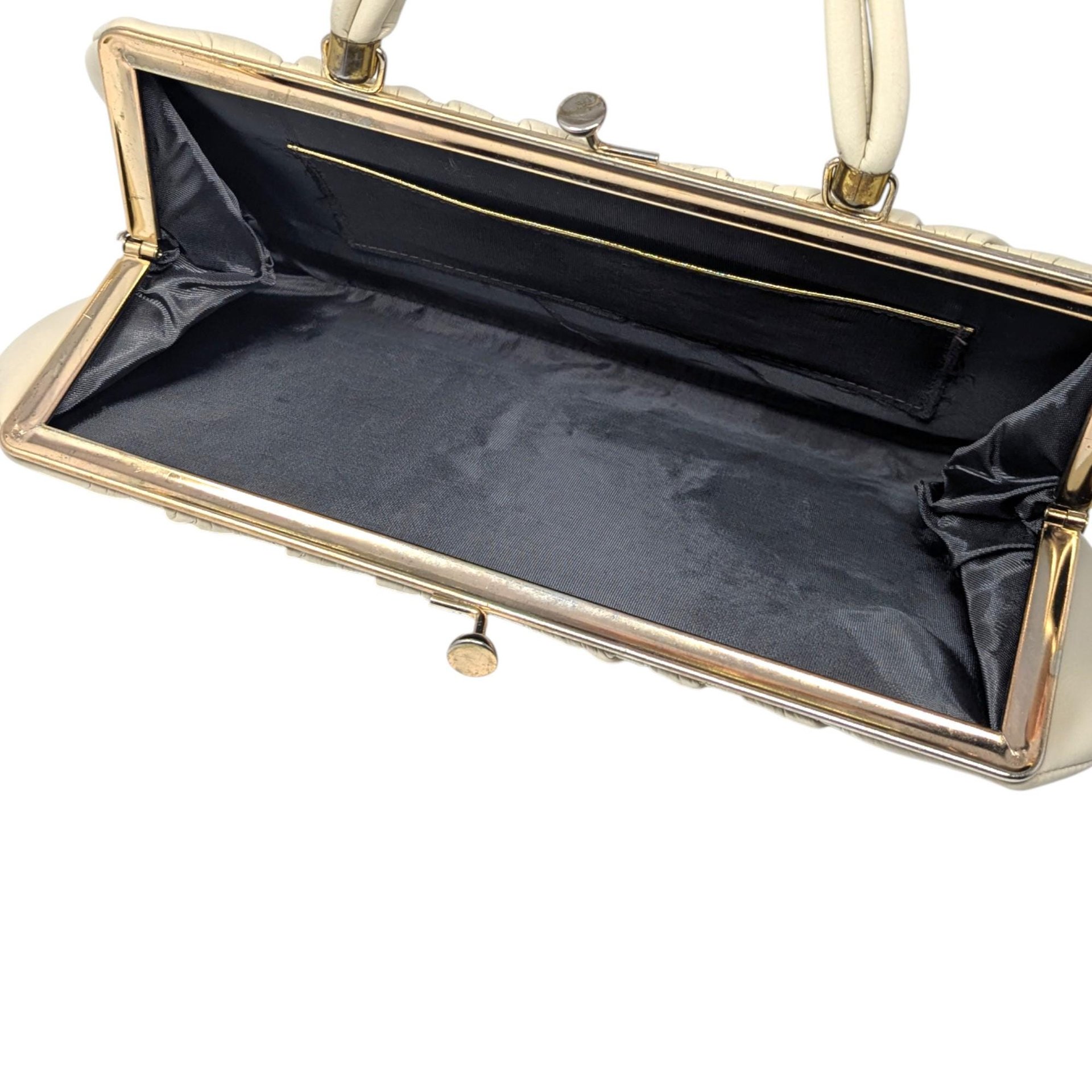 Vintage 1950s Cream Frame Handbag: Pleated Top Handle Purse