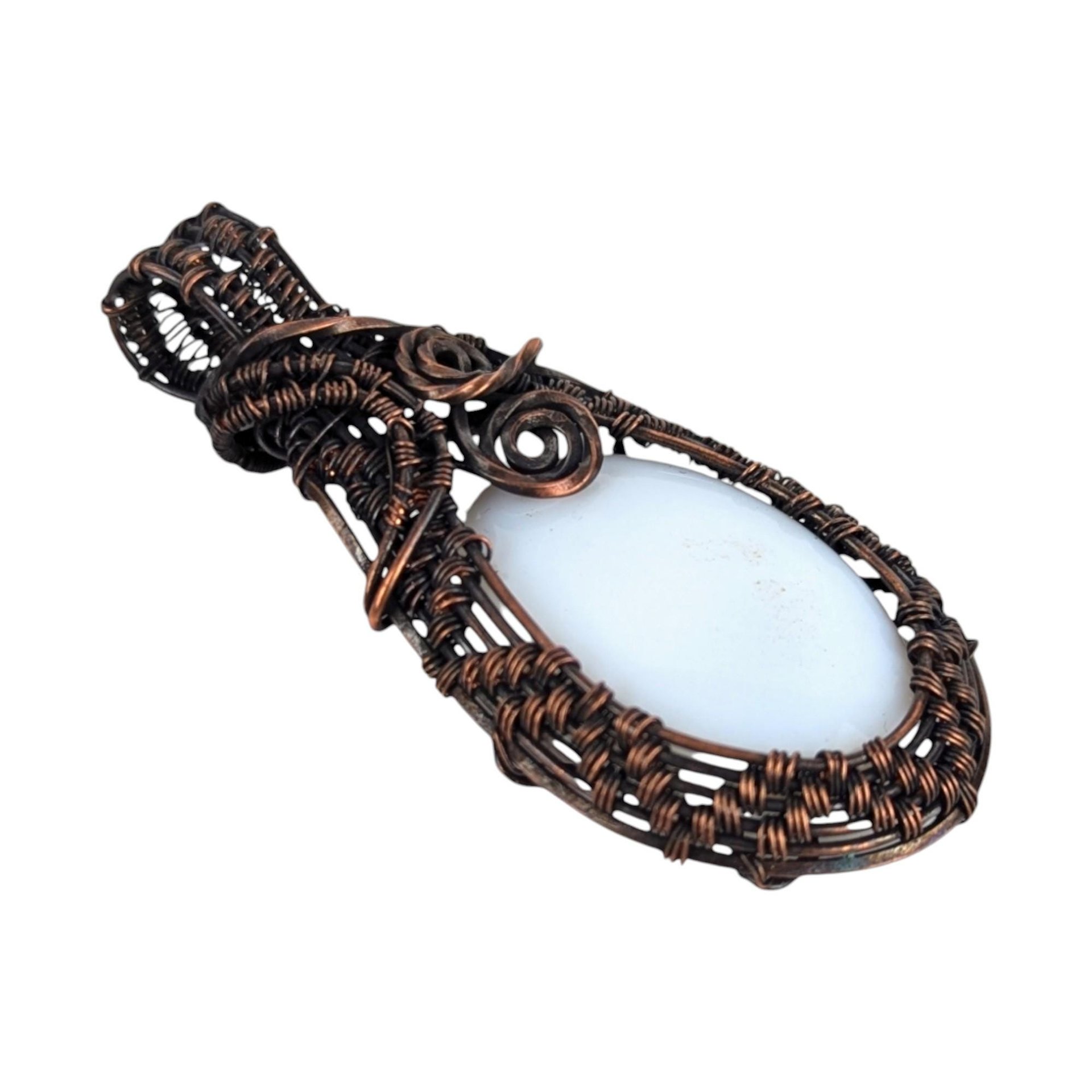 Handmade Copper Chalcedony Pendant: White Wire Wrapped Stone