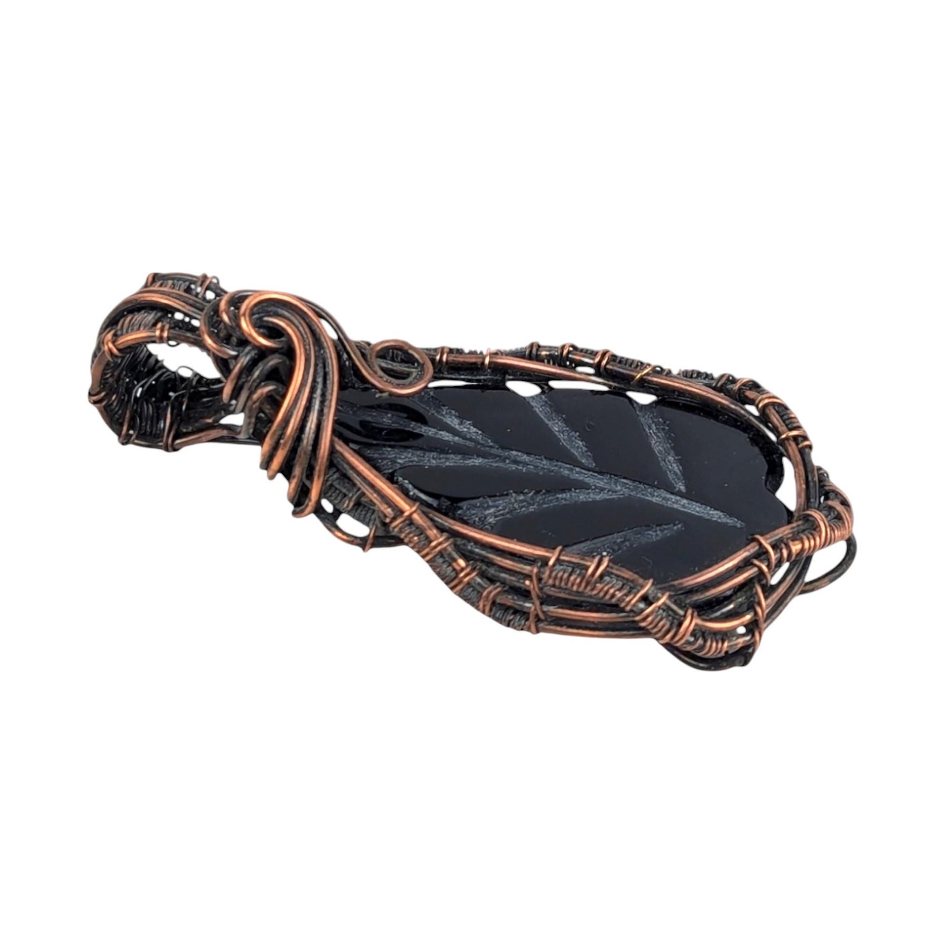Carved Black Onyx Leaf Pendant: Copper Wire Wrapped Handmade Jewelry