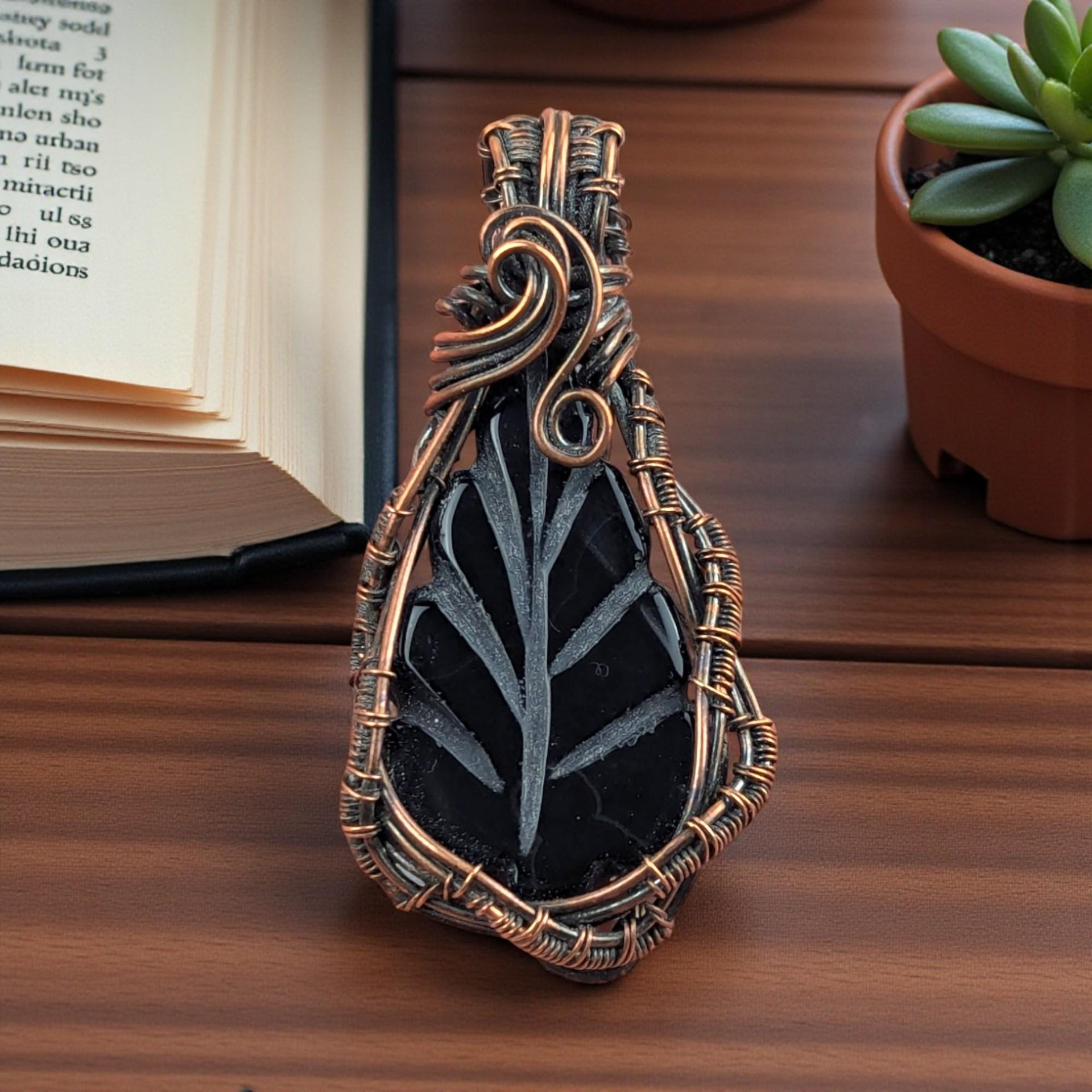 Carved Black Onyx Leaf Pendant: Copper Wire Wrapped Handmade Jewelry