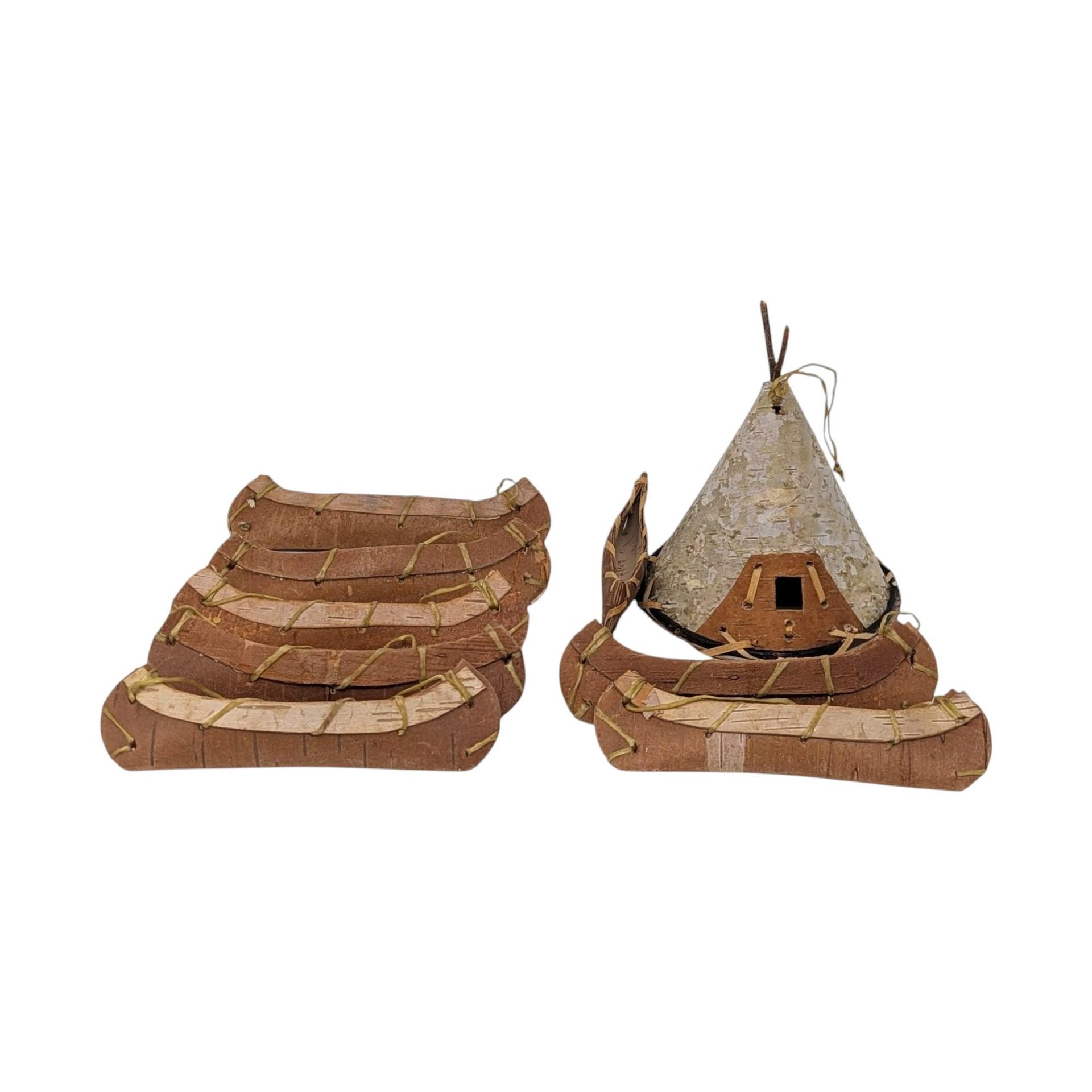 Vintage Handmade Birch Bark Ornaments: Teepee and 8 Canoe Set