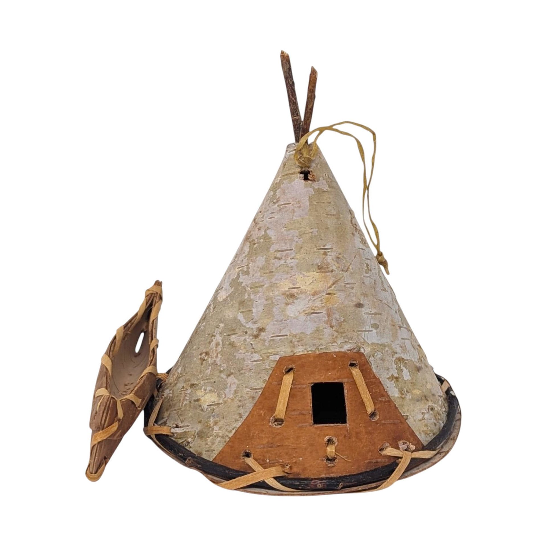 Vintage Handmade Birch Bark Ornaments: Teepee and 8 Canoe Set
