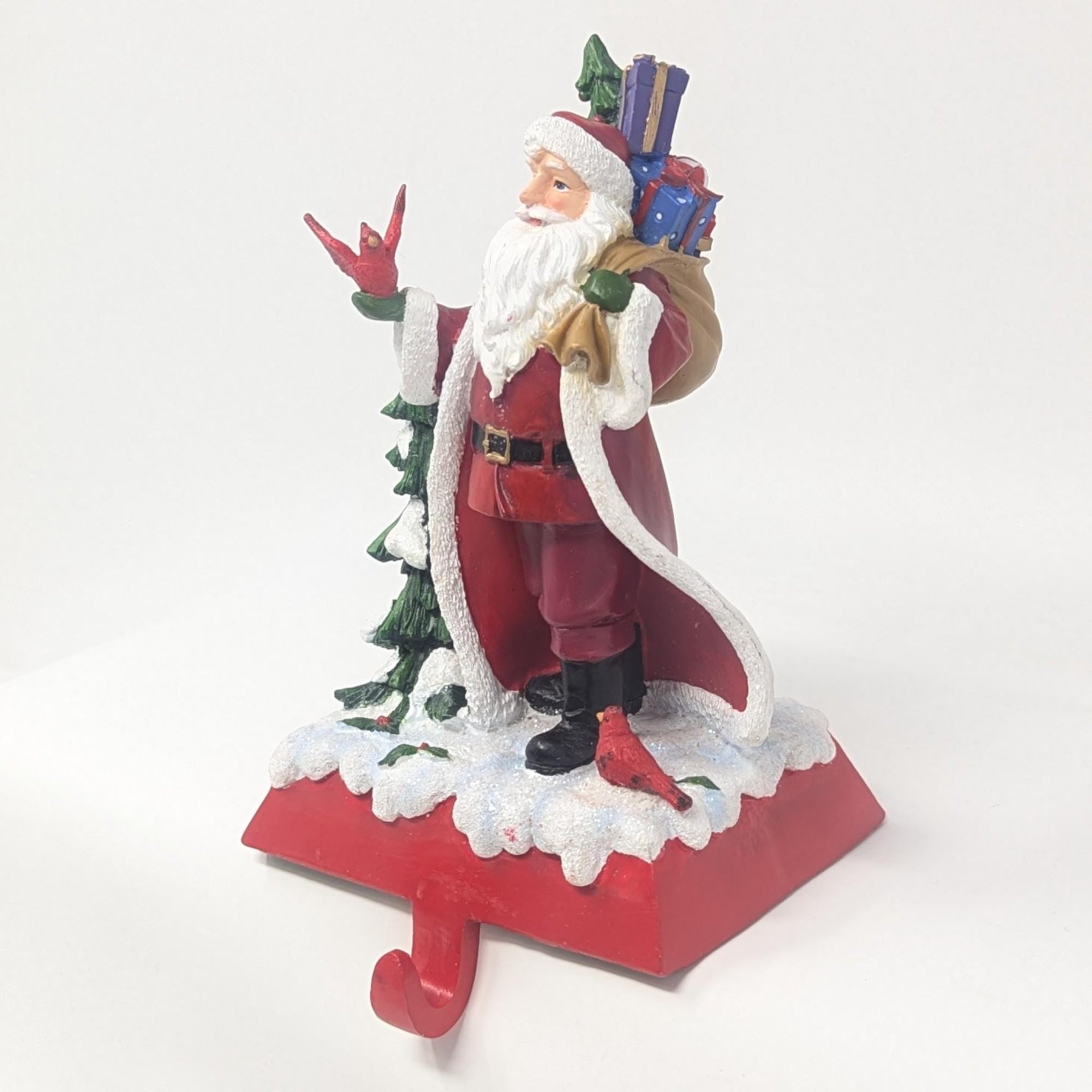 Vintage Santa Claus Stocking Holder: Handpainted Resin with Cardinal Birds Christmas Mantle Decor