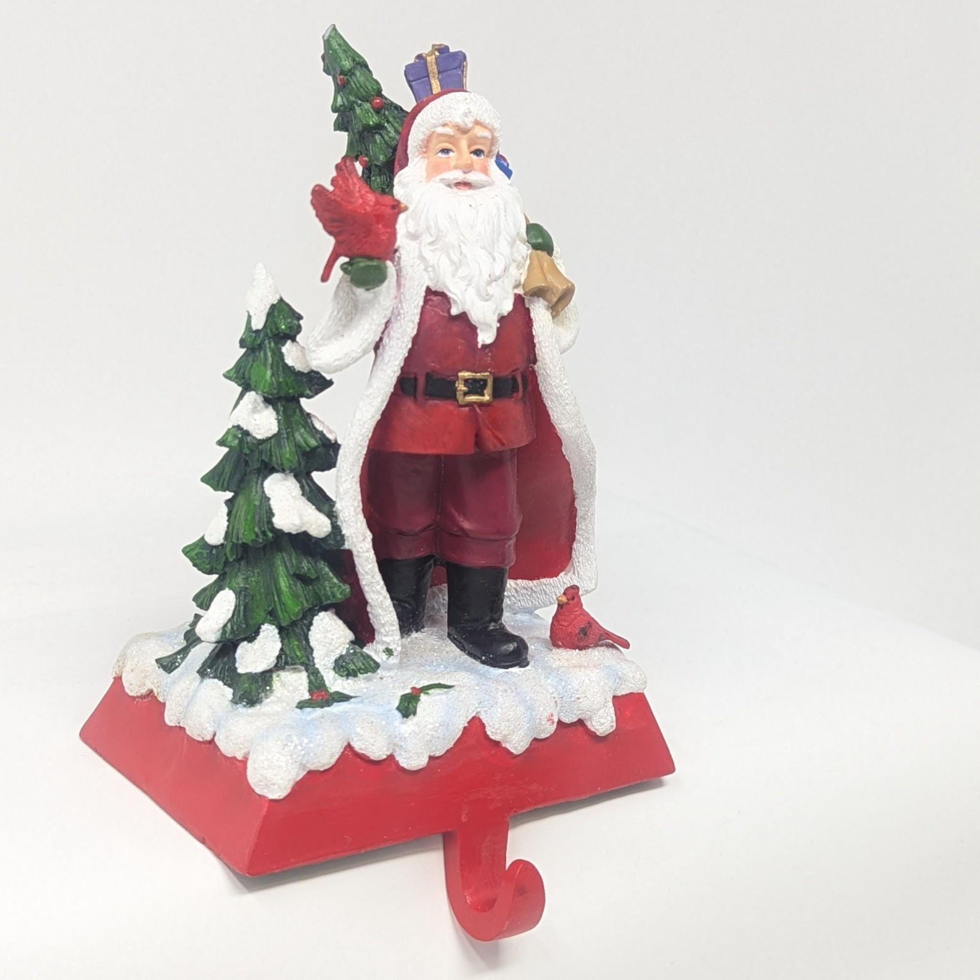 Vintage Santa Claus Stocking Holder: Handpainted Resin with Cardinal Birds Christmas Mantle Decor