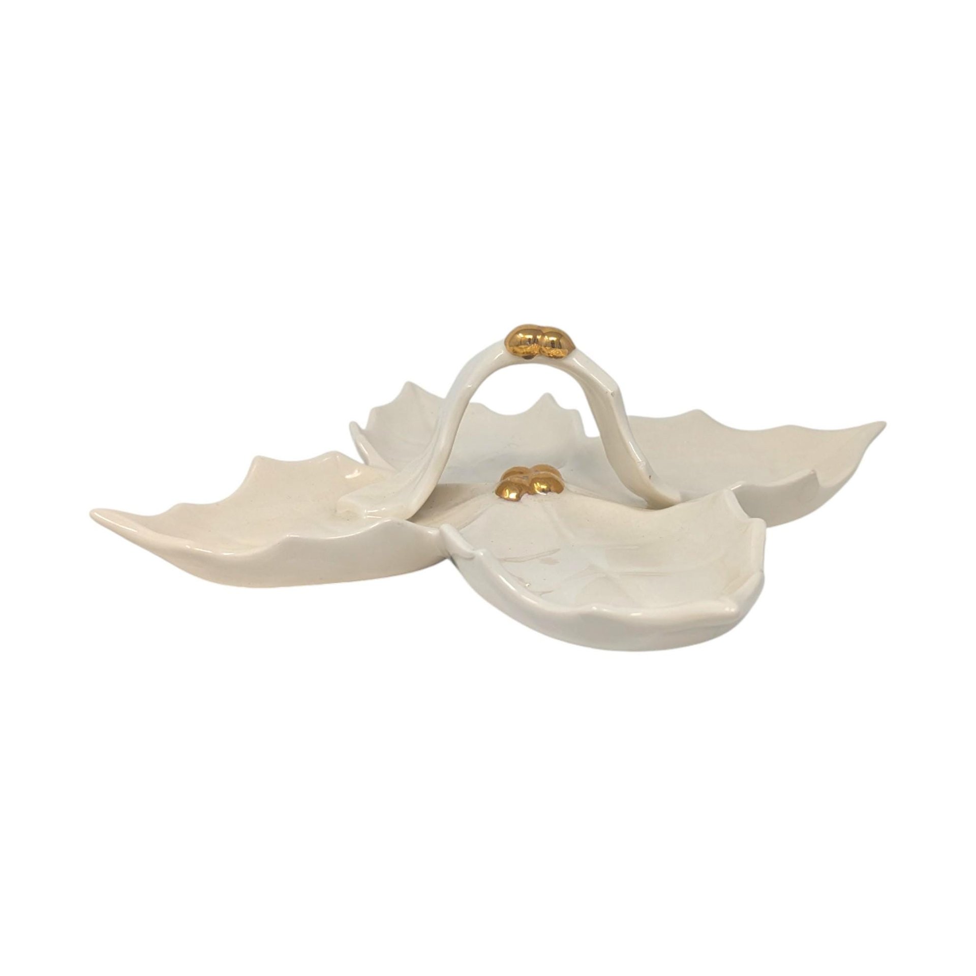 Vintage Holland Mold 4-Section Leaf Dish: Cream Ceramic Relish Tray with Gold Berry Handle