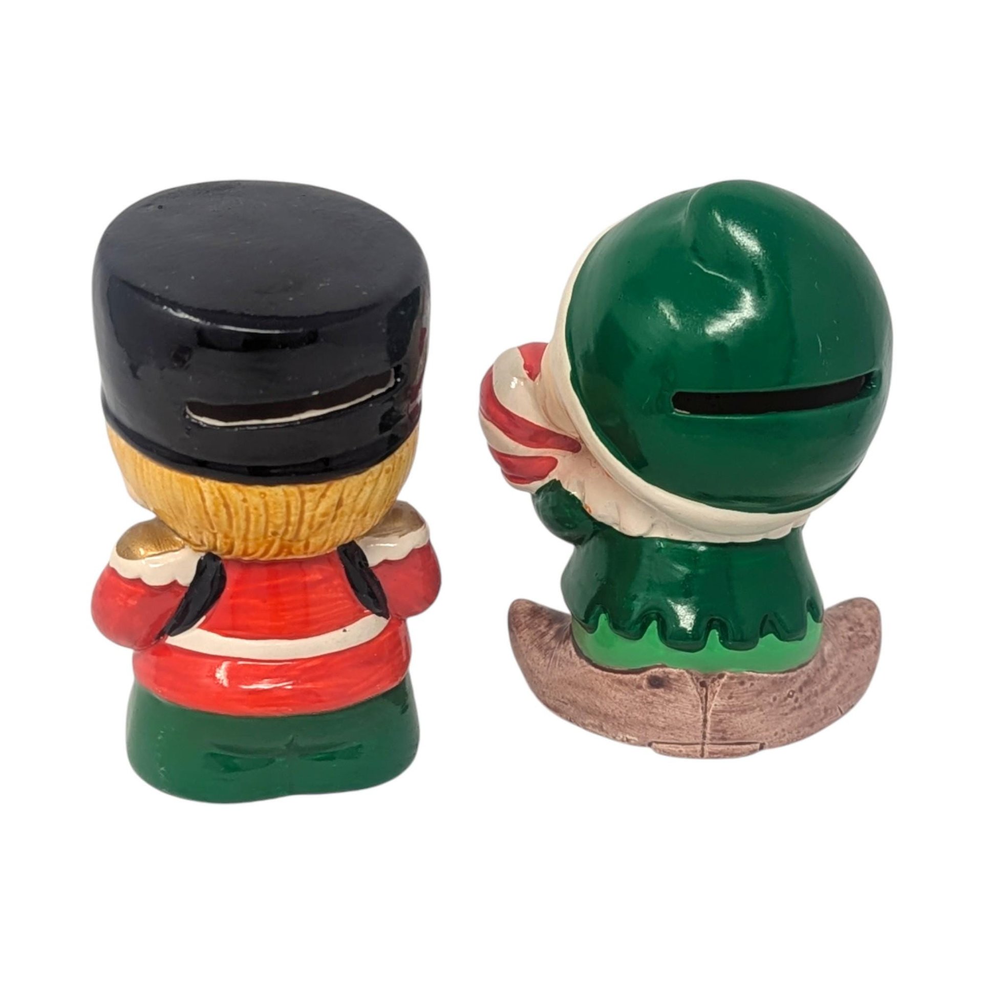 Vintage Enesco Toy Soldier and Elf Banks: Pair of Ceramic Christmas Decor