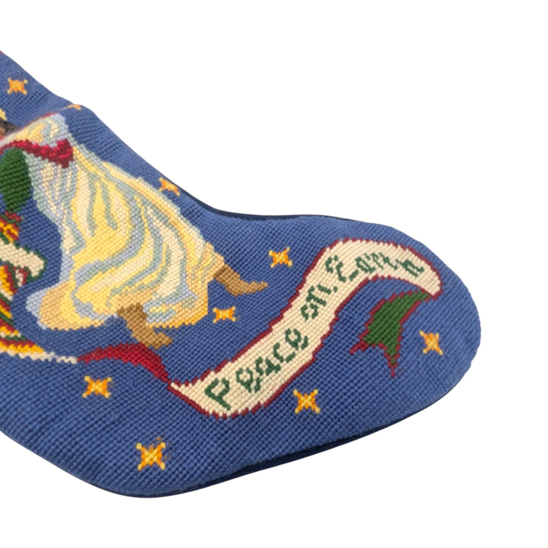 Vintage Handmade Needlepoint Stocking: Black Angel "Peace on Earth"