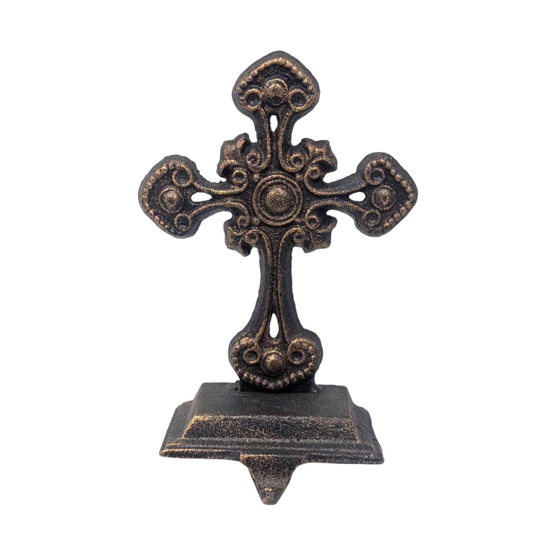 Vintage Cast Iron Cross Stocking Holders: Pair of Ornate Gothic Christmas Mantel Hangers