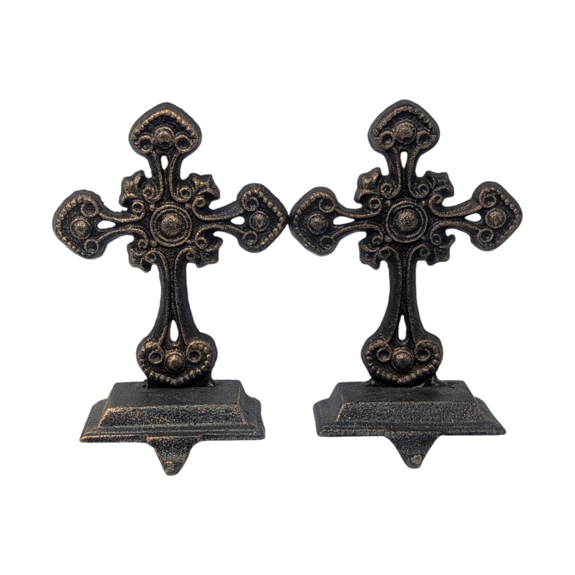 Vintage Cast Iron Cross Stocking Holders: Pair of Ornate Gothic Christmas Mantel Hangers