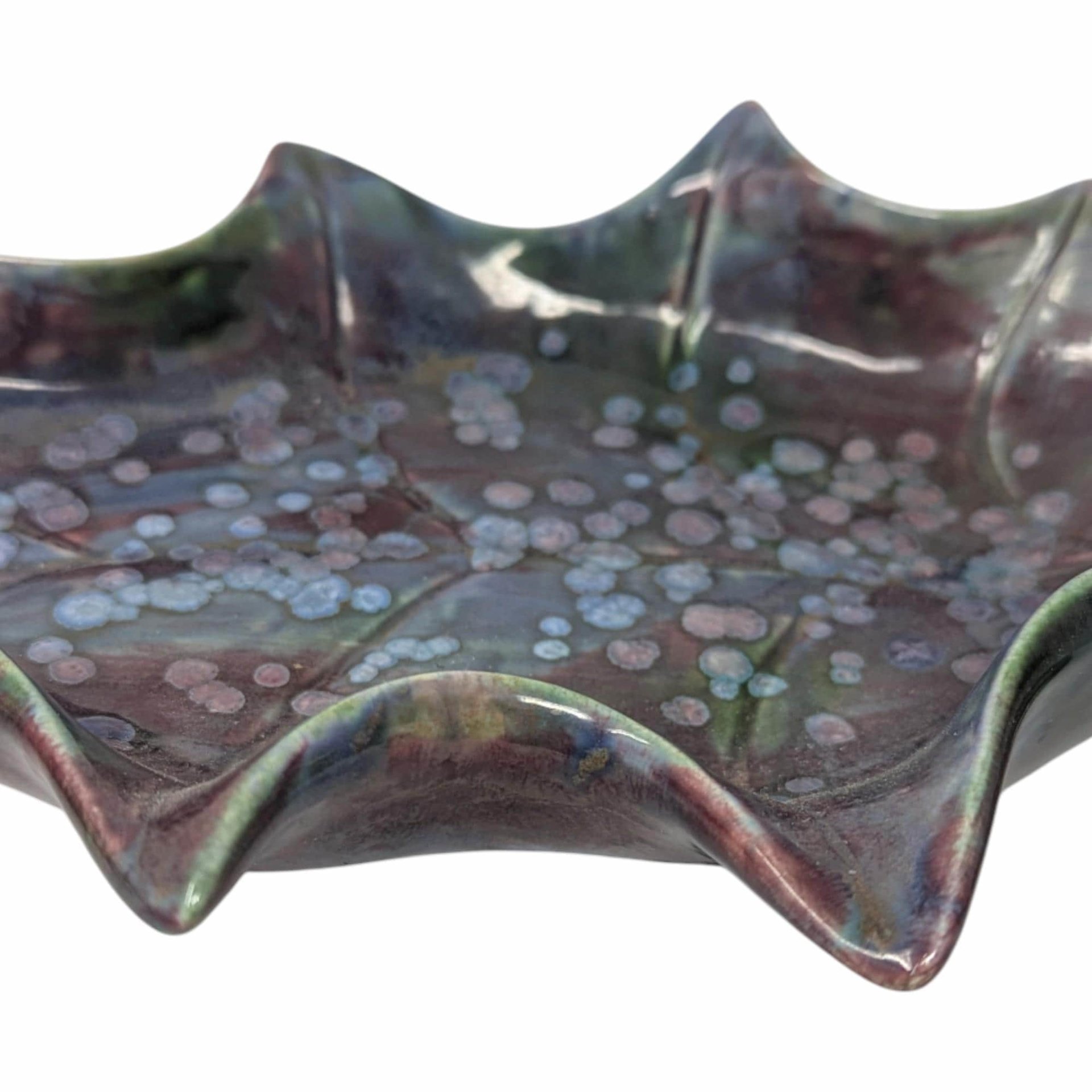 Vintage Handmade Ceramic Leaf Dish: Purple Crystalline Glaze Holly Tray