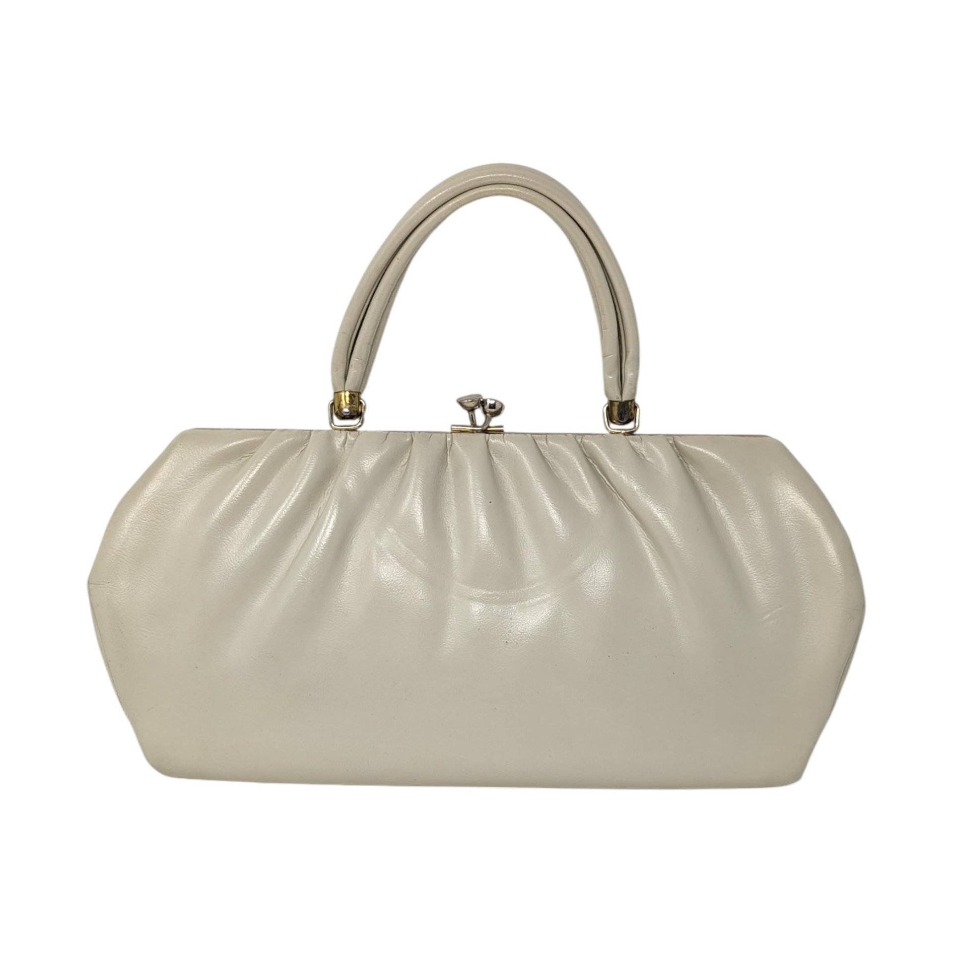 Vintage 1950s Cream Frame Handbag: Pleated Top Handle Purse