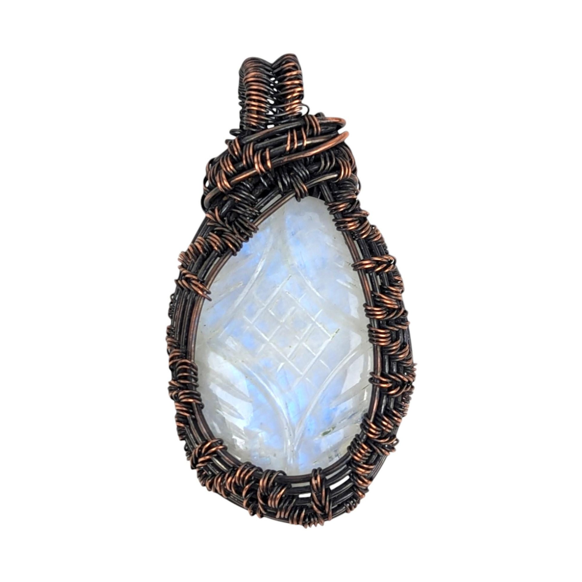 Carved Moonstone Pendant: Copper Wire Wrapped Handmade Artisan Jewelry